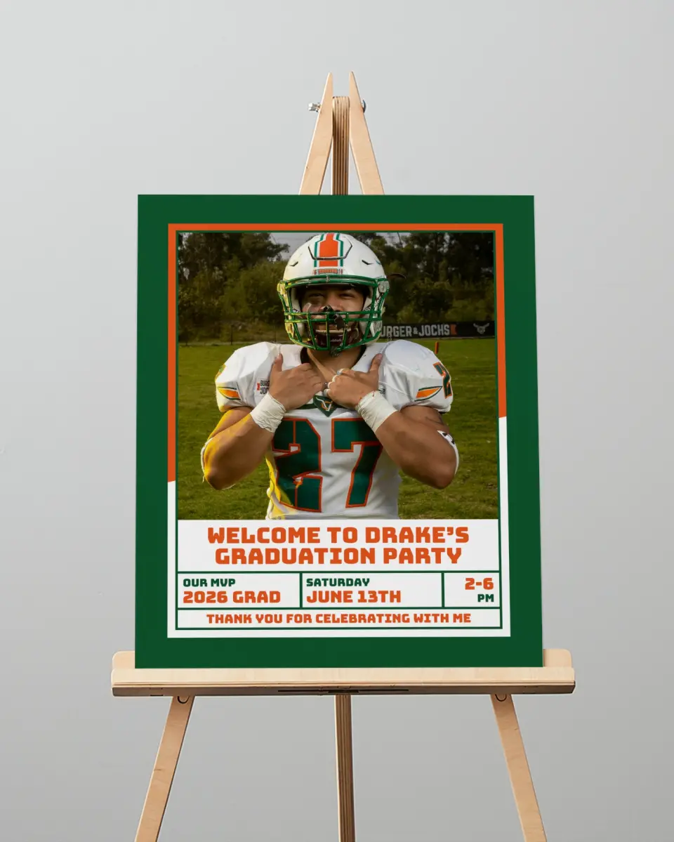This is a 16" x 20" Welcome Grad Sign called MVP Grad printed in full color with Silver foil