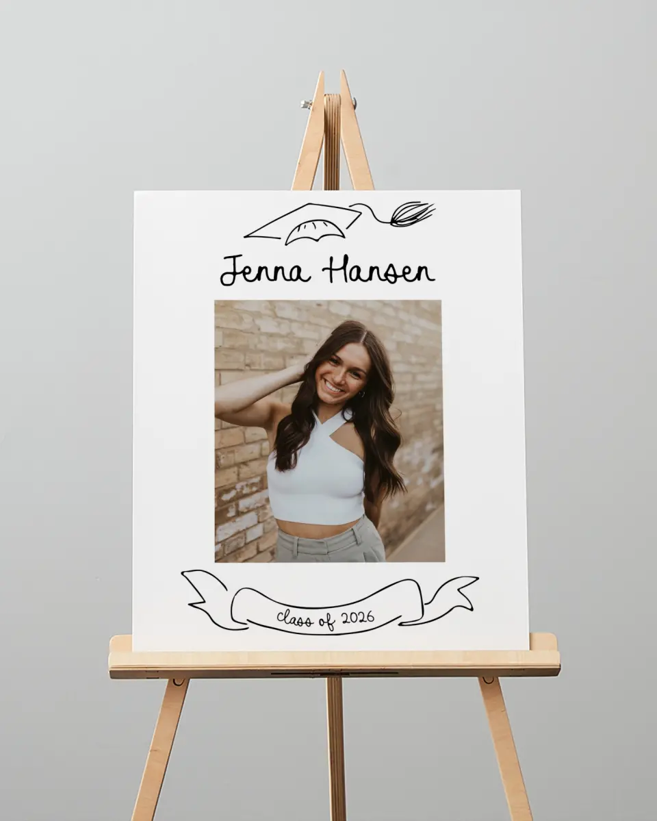 This is a 16" x 20" Welcome Grad Sign called Handwritten Grad printed in full color