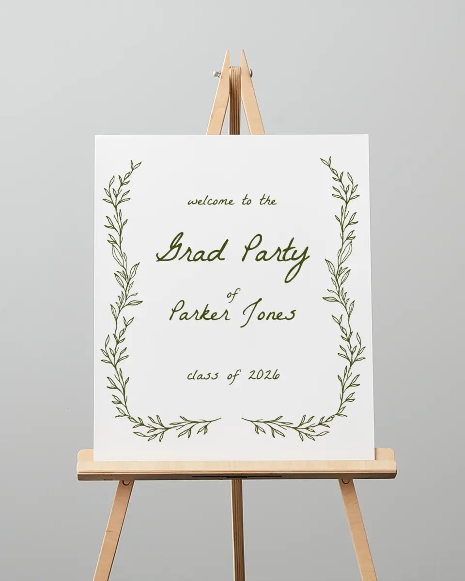 This is a 16" x 20" Welcome Grad Sign called Flourish & Thrive printed in full color