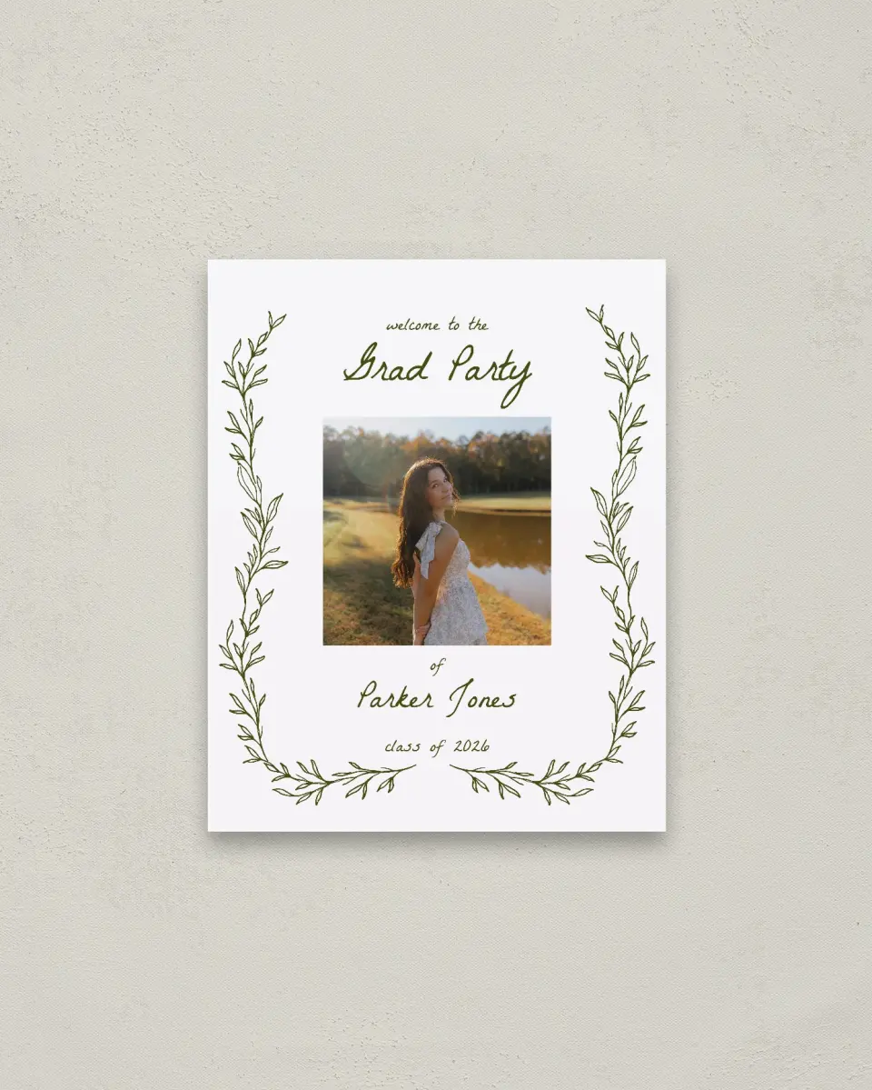This is a 16" x 20" Welcome Grad Sign called Flourish & Thrive printed in full color