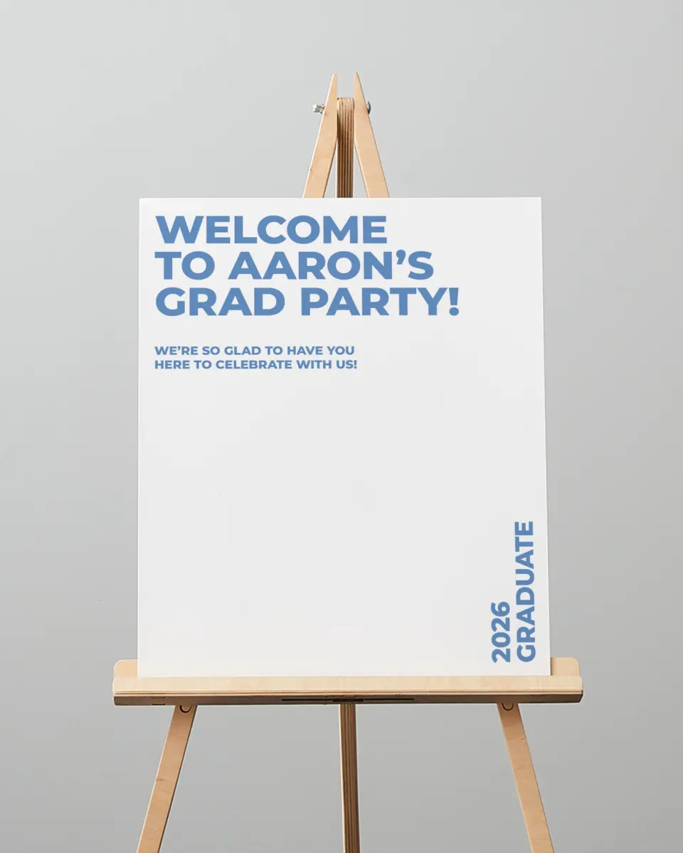 This is a 16" x 20" Welcome Grad Sign called Bright Beginnings printed in full color with Silver foil