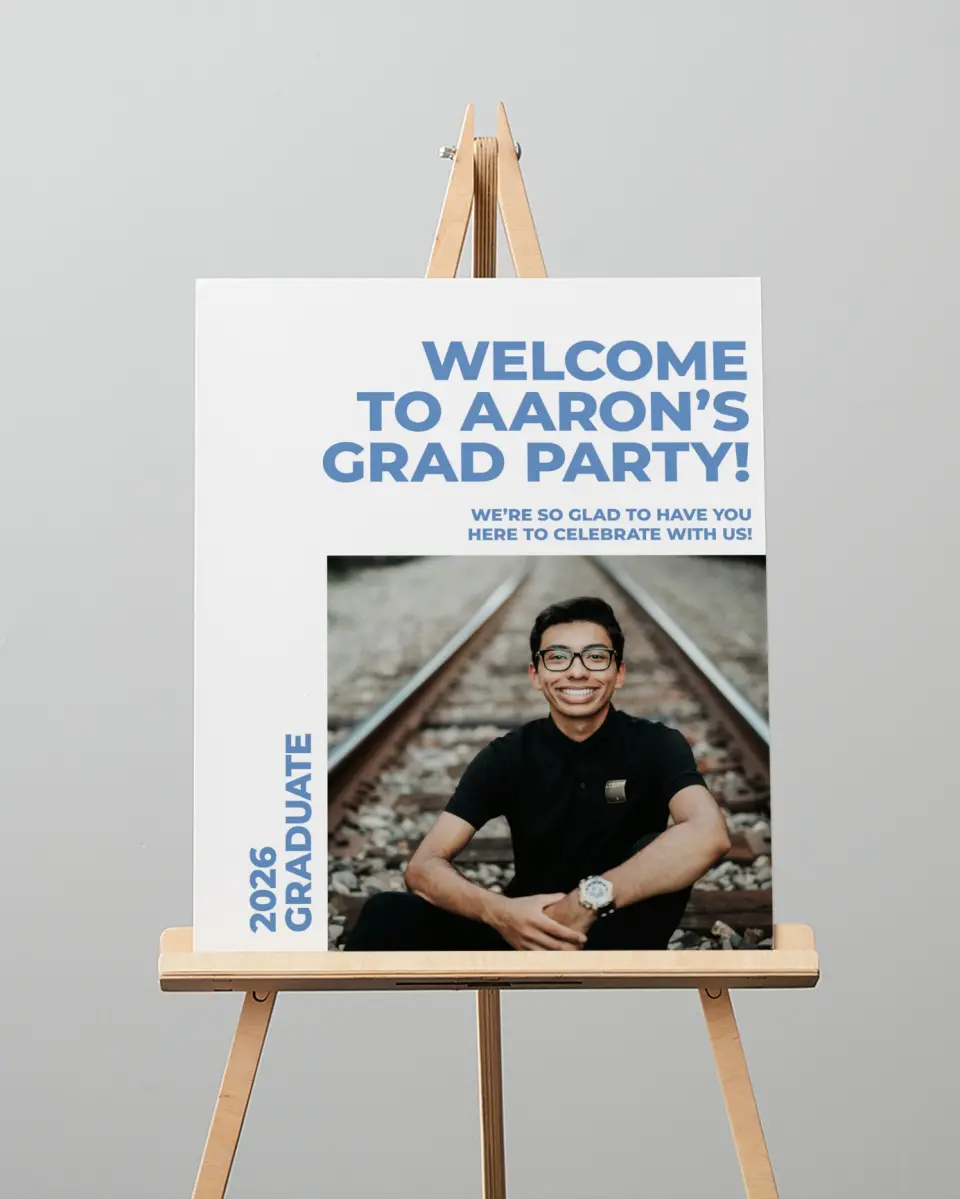 This is a 16" x 20" Welcome Grad Sign called Bright Beginnings printed in full color with Silver foil