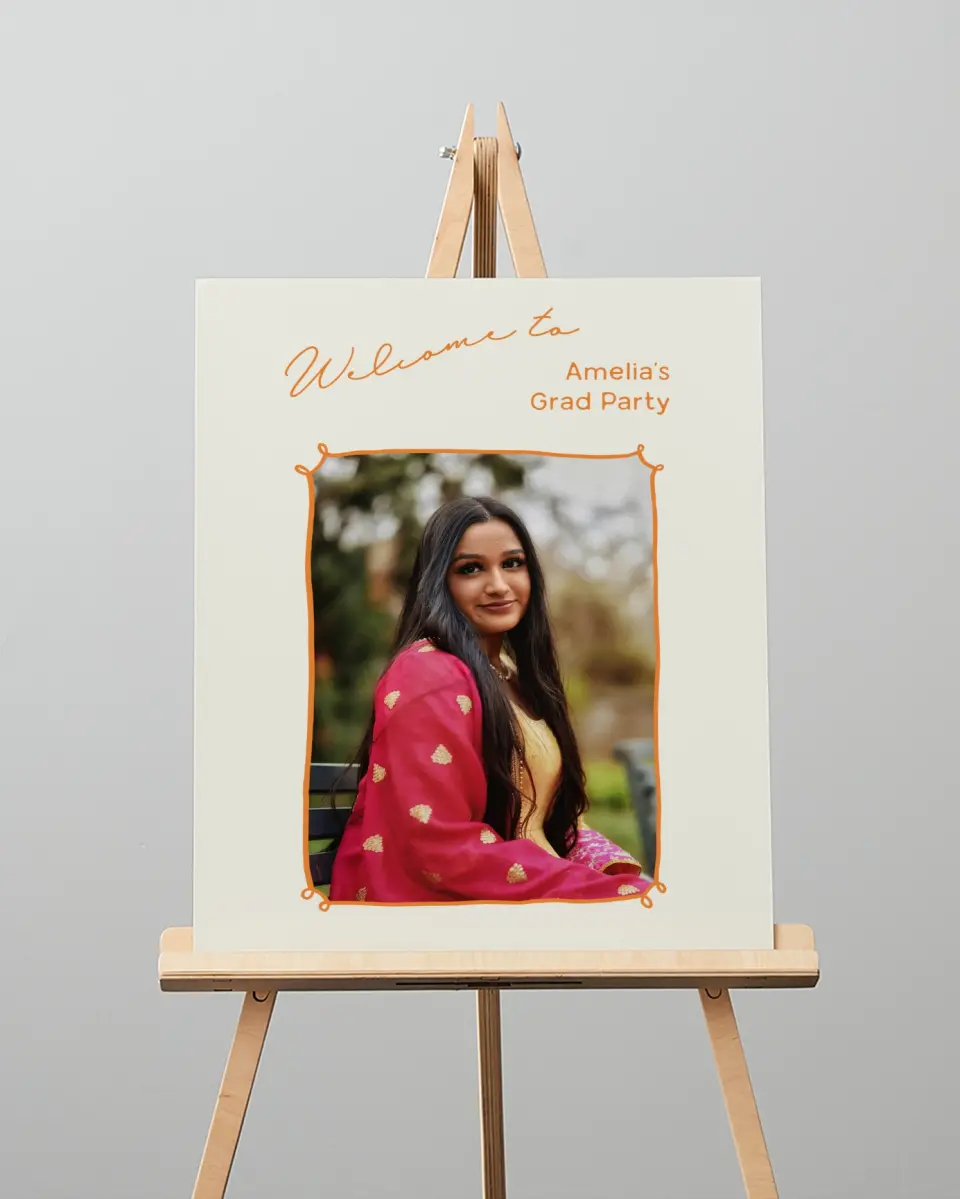 This is a 16" x 20" Welcome Grad Sign called Grand Grad printed in full color with Silver foil