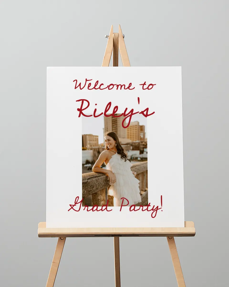 This is a 16" x 20" Welcome Grad Sign called Stunning Celebration printed in full color with Silver foil