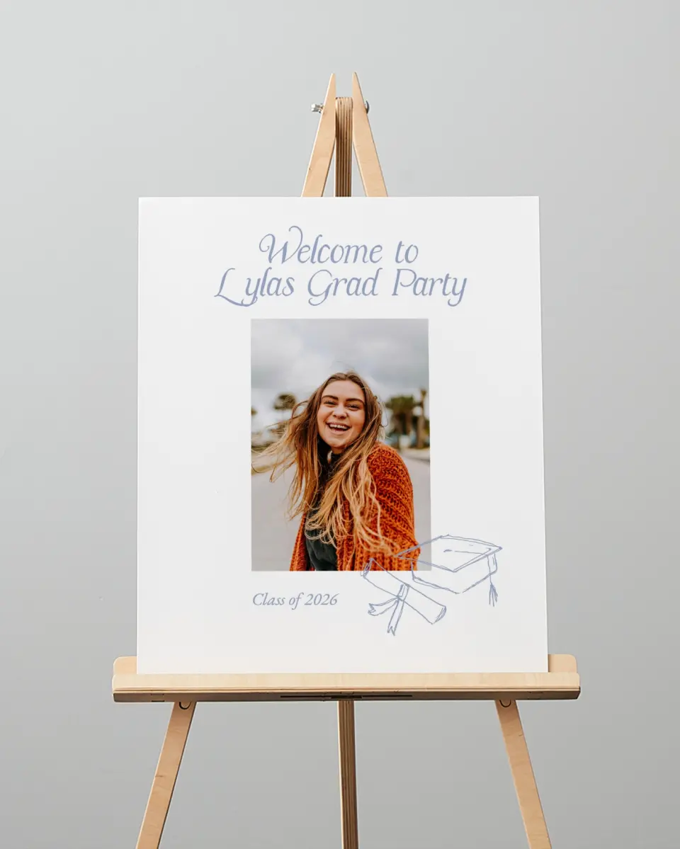 This is a 16" x 20" Welcome Grad Sign called Time to Party printed in full color
