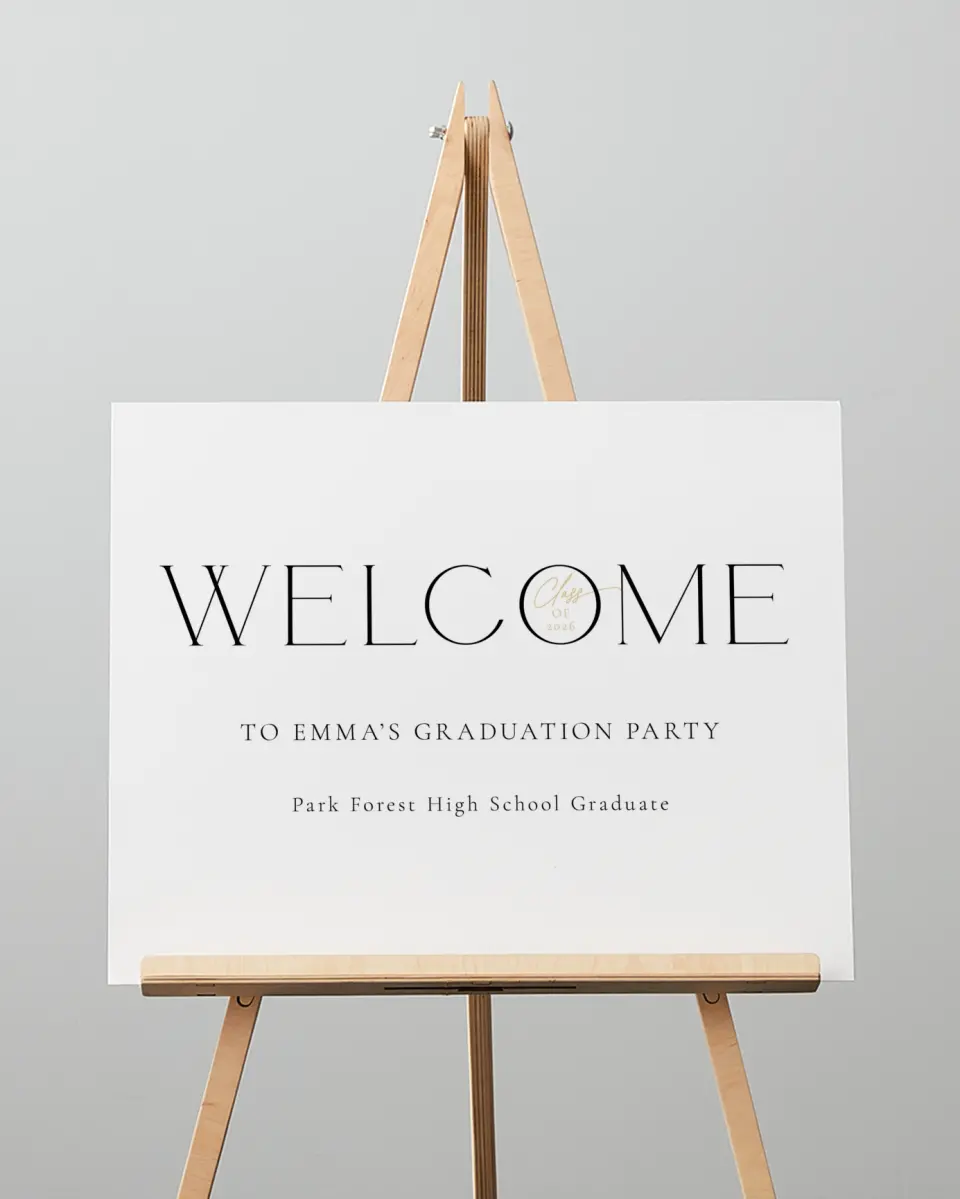 This is a 16" x 20" Welcome Grad Sign called Brilliant Year printed in full color with Silver foil
