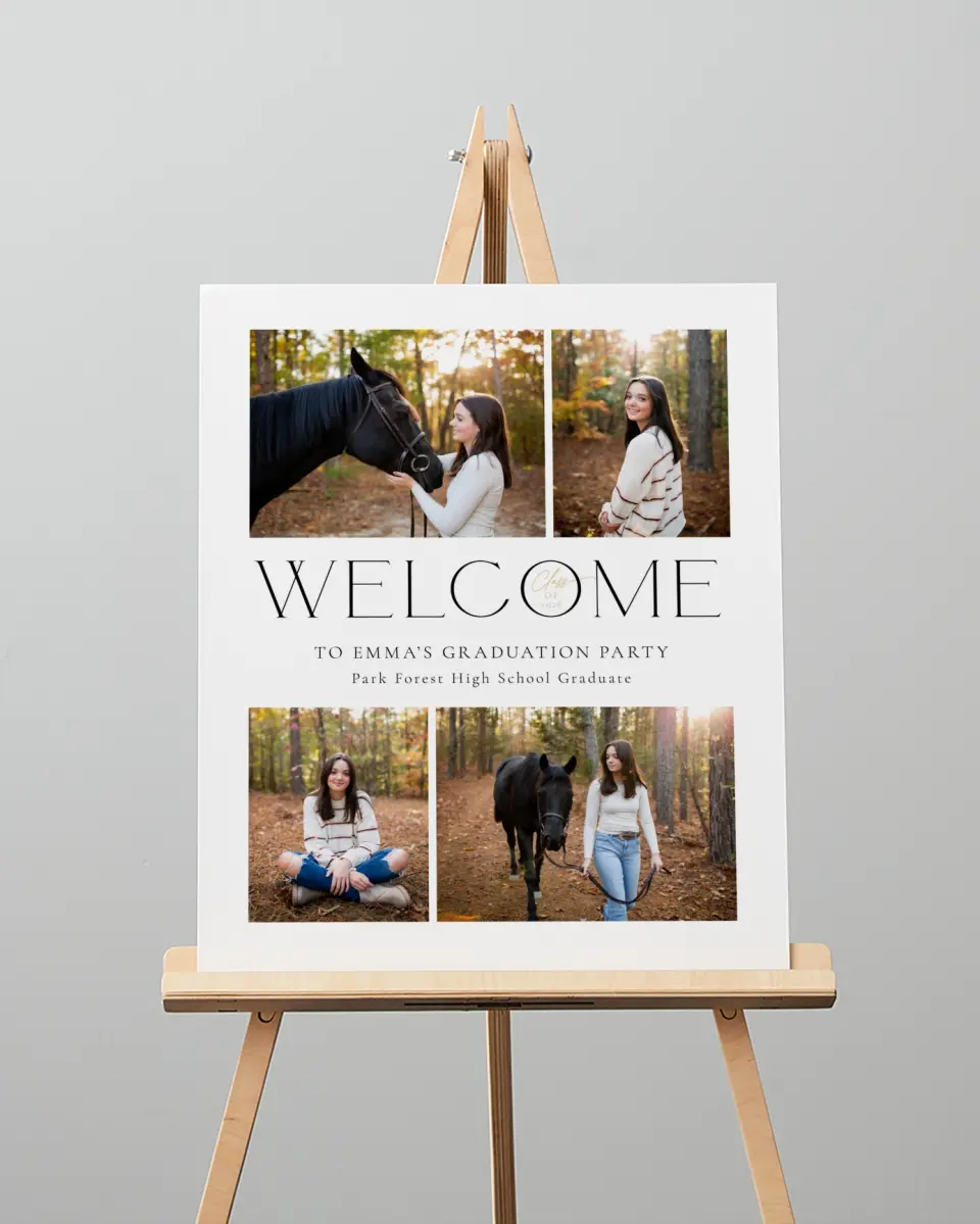This is a 16" x 20" Welcome Grad Sign called Brilliant Year printed in full color with Silver foil