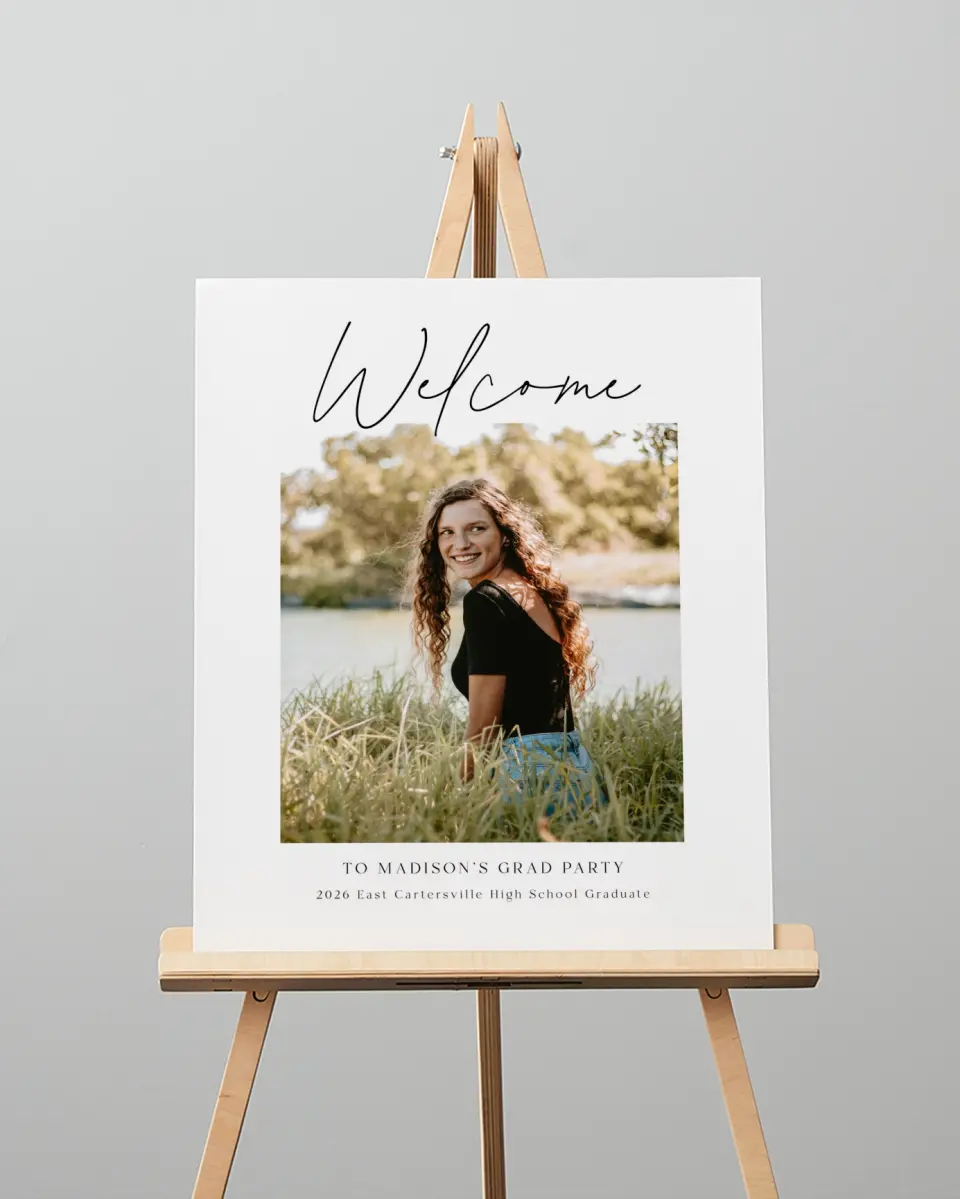 This is a 16" x 20" Welcome Grad Sign called Top of Class printed in full color with Silver foil