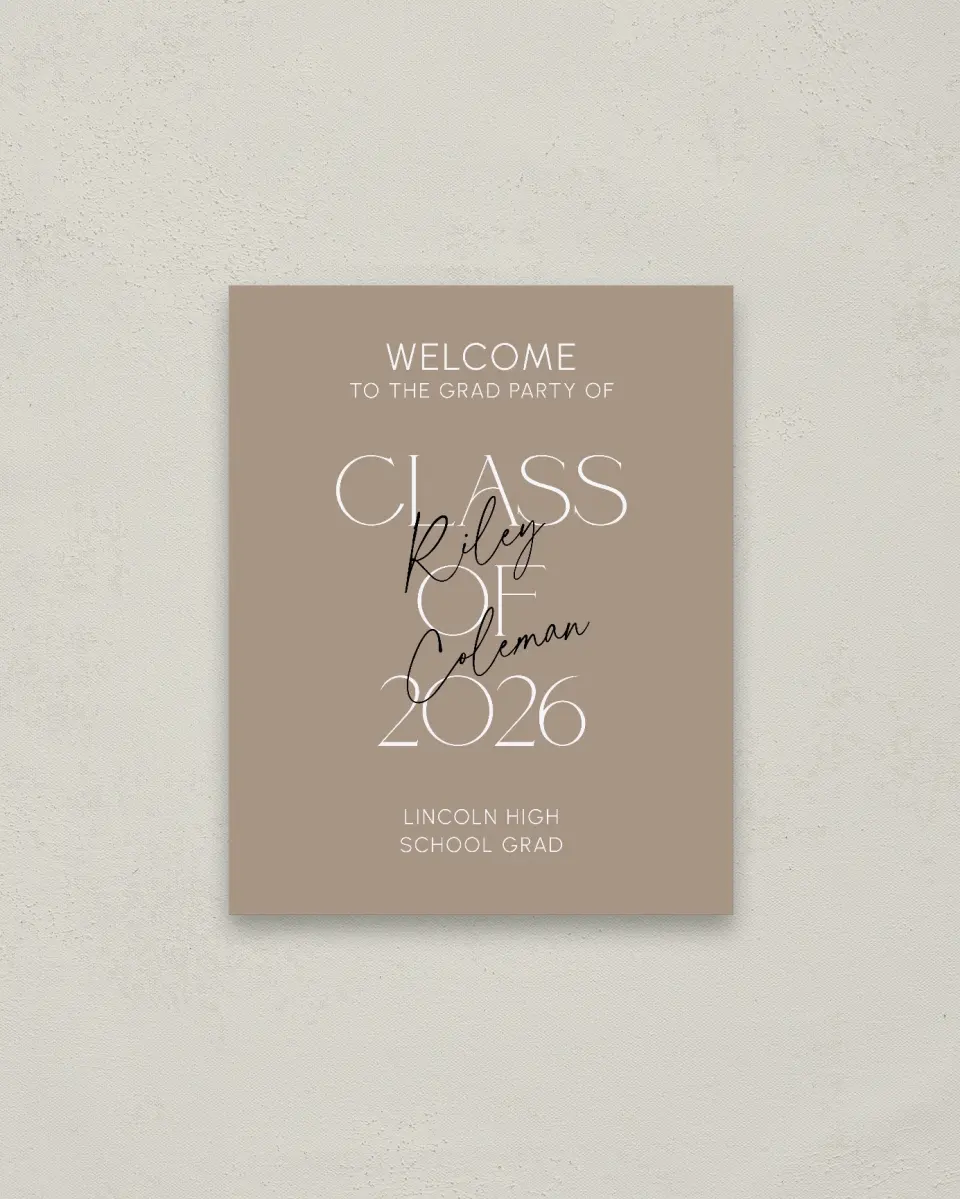 This is a 16" x 20" Welcome Grad Sign called Layered Snapshots printed in full color