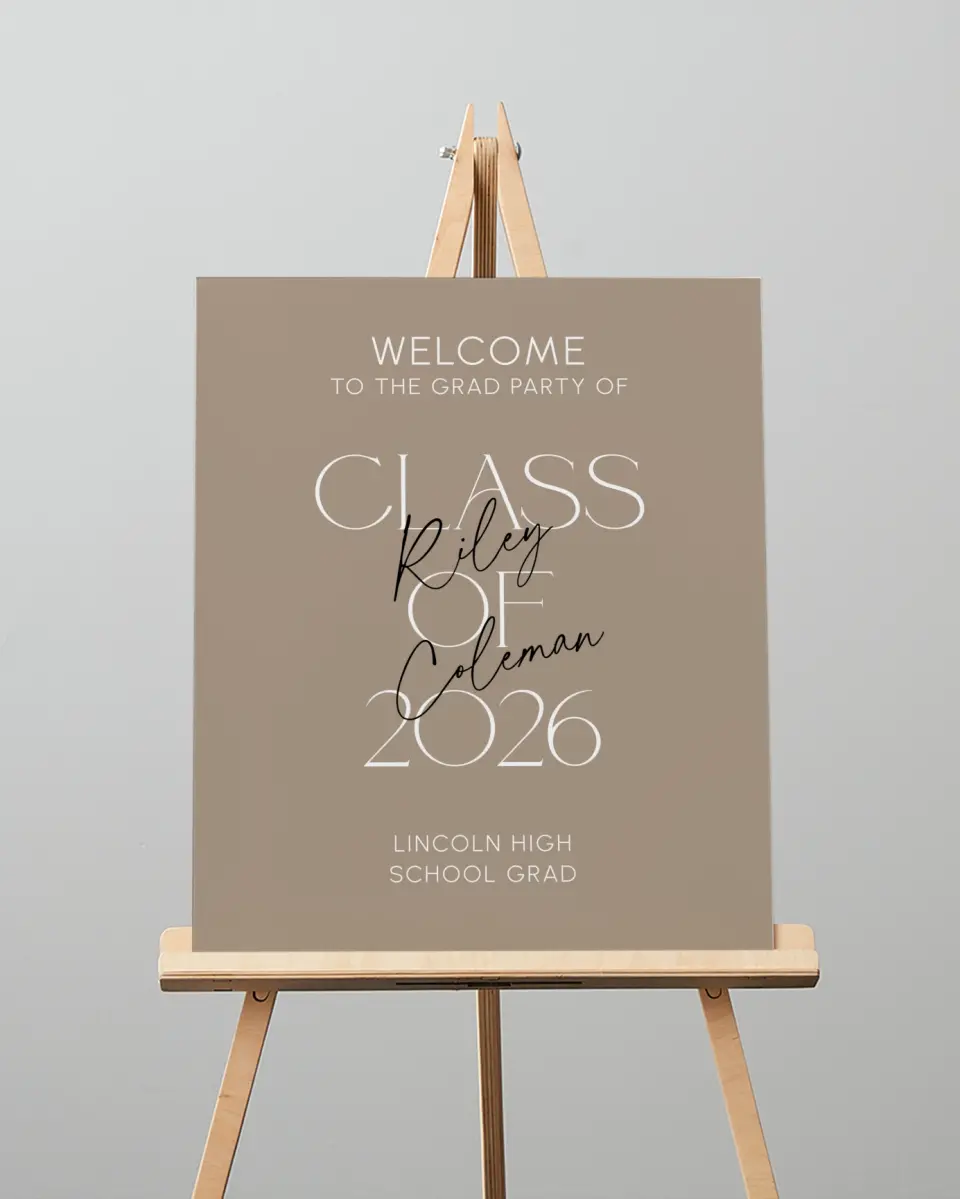 This is a 16" x 20" Welcome Grad Sign called Layered Snapshots printed in full color
