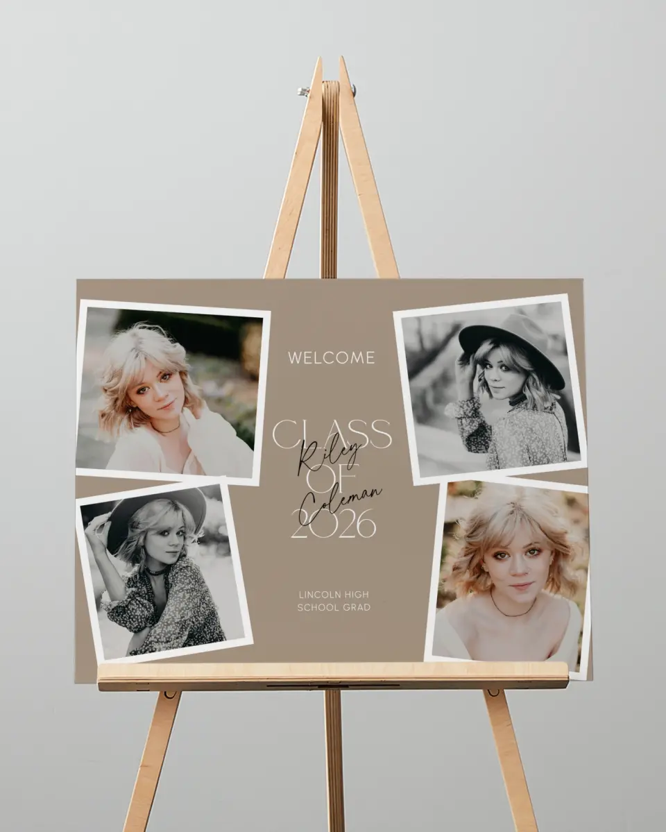 This is a 16" x 20" Welcome Grad Sign called Layered Snapshots printed in full color