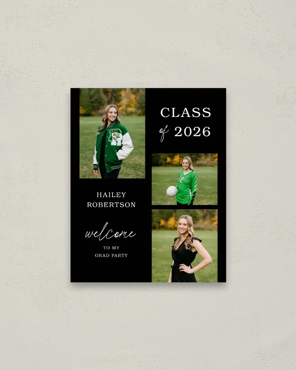 This is a 16" x 20" Welcome Grad Sign called Proud Moments printed in full color