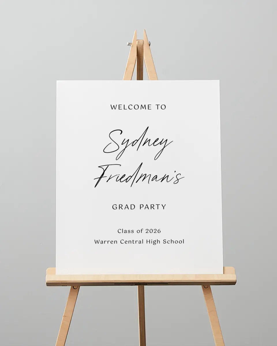 This is a 16" x 20" Welcome Grad Sign called Timeless Graduate printed in full color