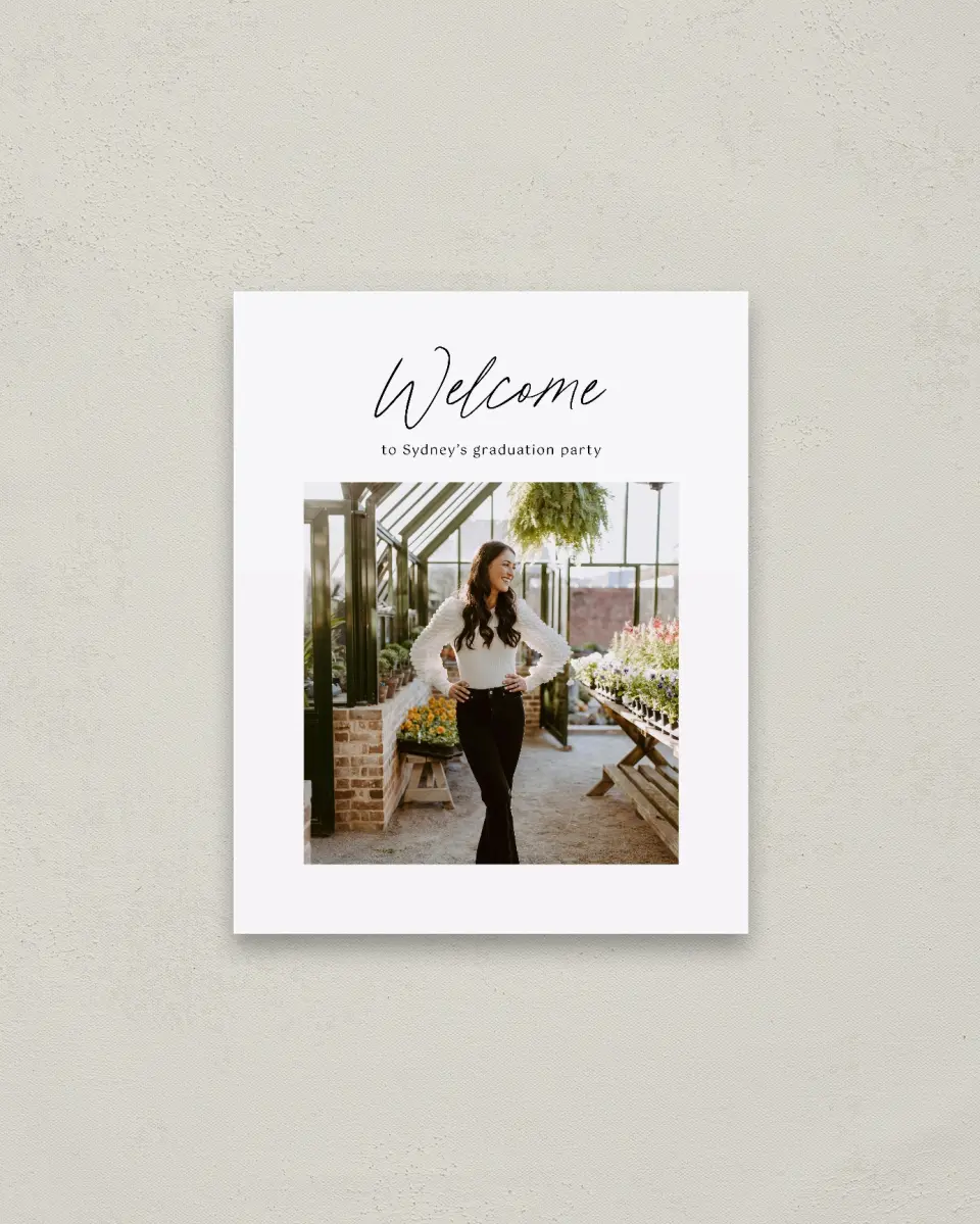 This is a 16" x 20" Welcome Grad Sign called Timeless Graduate printed in full color