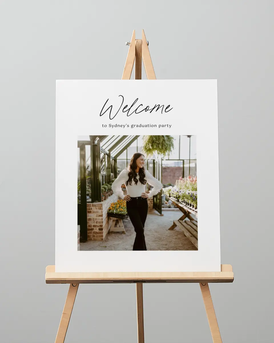 This is a 16" x 20" Welcome Grad Sign called Timeless Graduate printed in full color