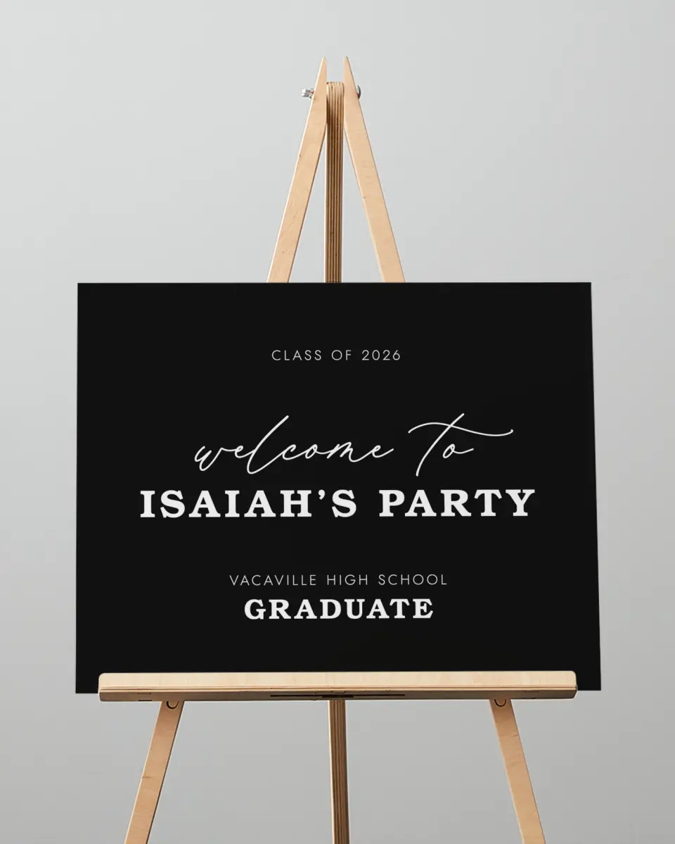 This is a 16" x 20" Welcome Grad Sign called Let's Celebrate printed in full color with Silver foil
