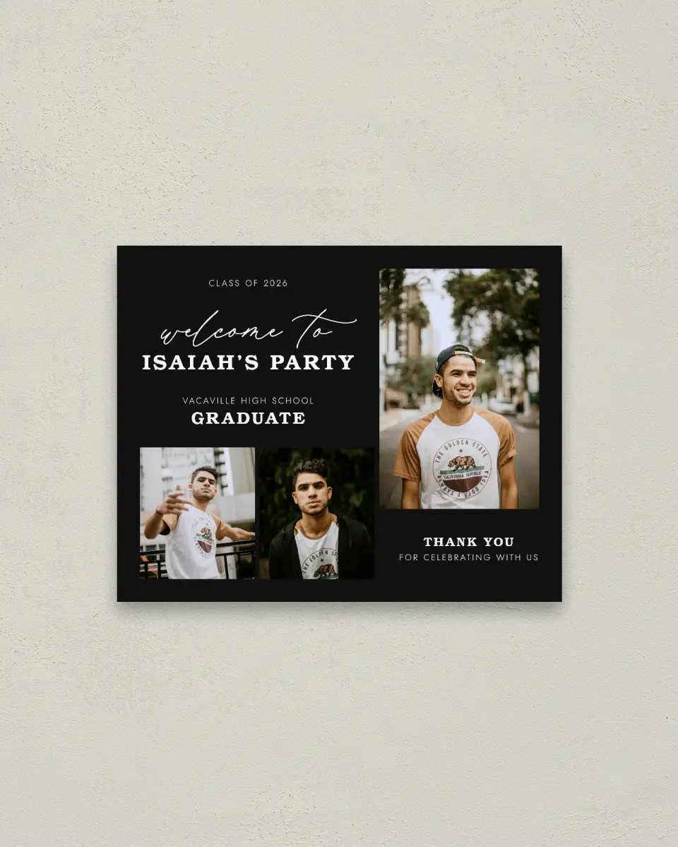 This is a 16" x 20" Welcome Grad Sign called Let's Celebrate printed in full color