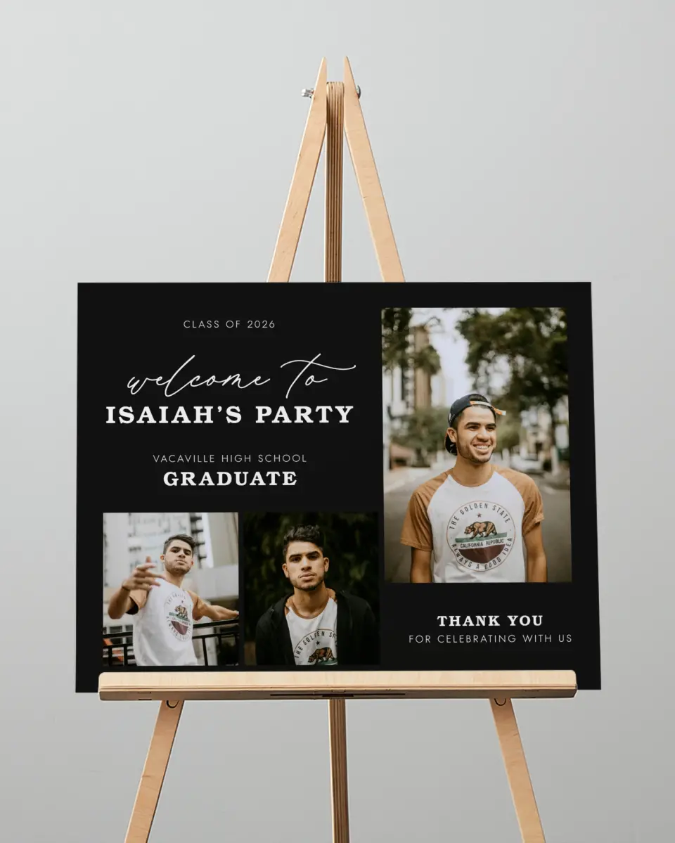This is a 16" x 20" Welcome Grad Sign called Let's Celebrate printed in full color with Silver foil