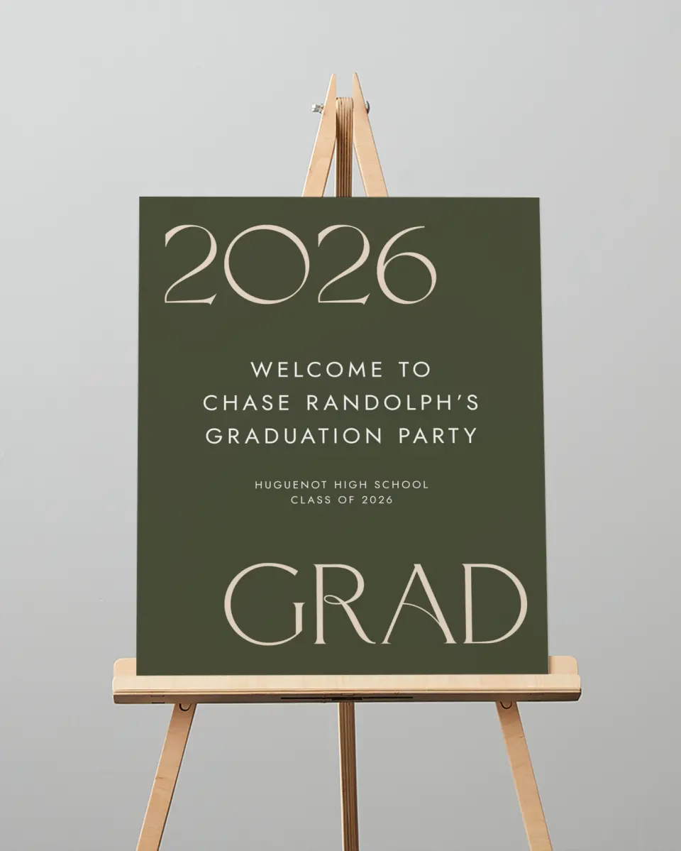This is a 16" x 20" Welcome Grad Sign called Grand Year printed in full color with Silver foil