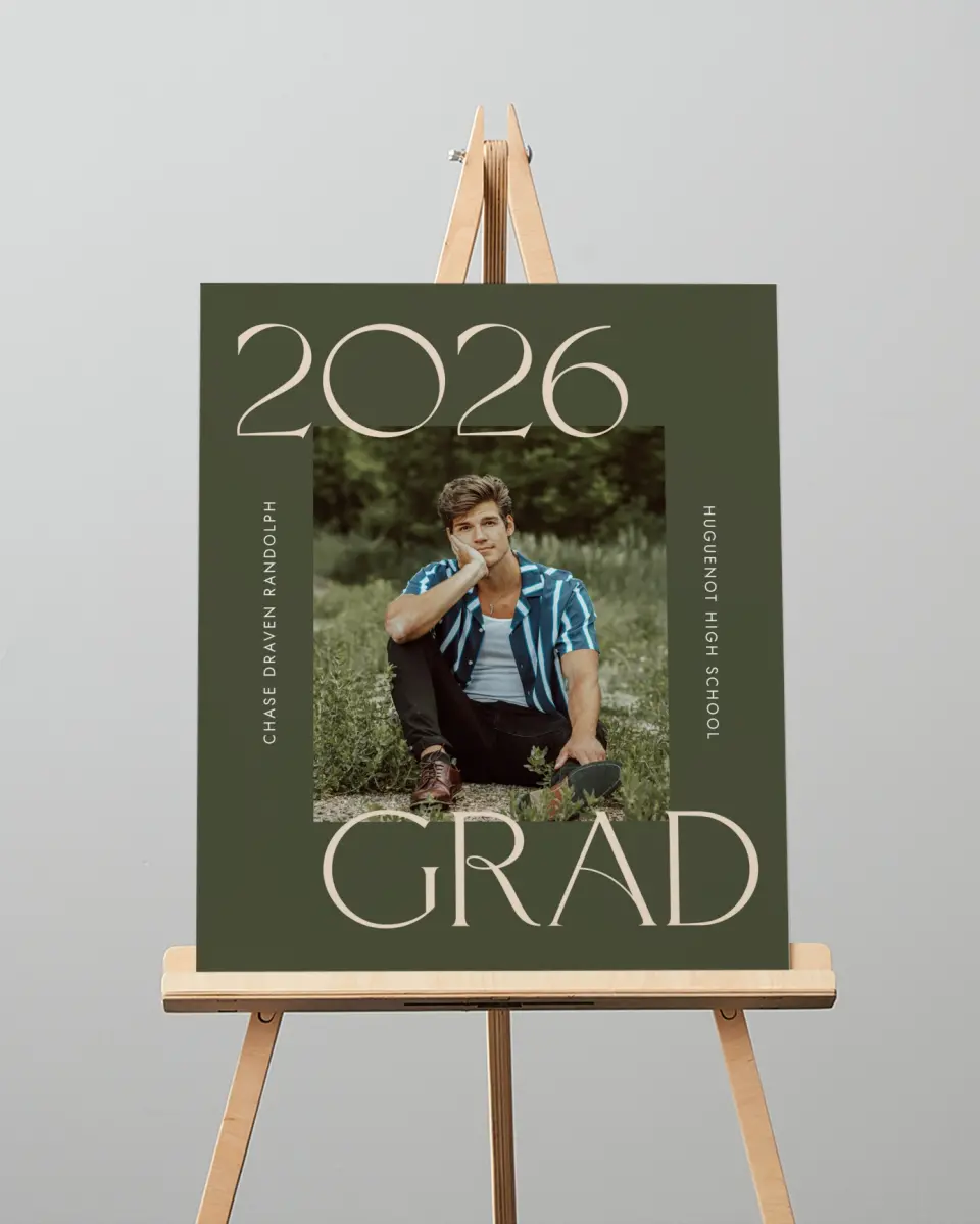 This is a 16" x 20" Welcome Grad Sign called Grand Year printed in full color with Silver foil