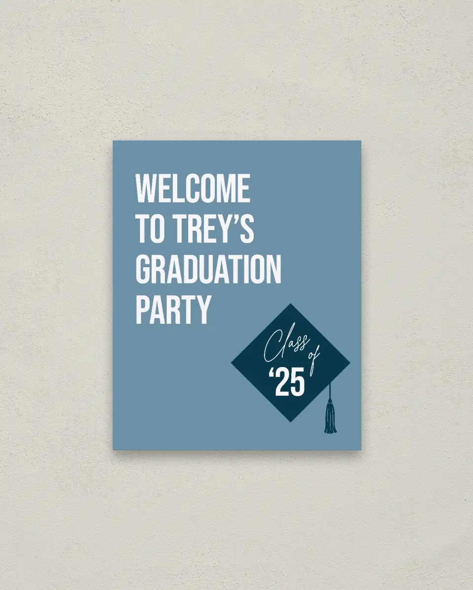 This is a 16" x 20" Welcome Grad Sign called Scholarly Style printed in full color