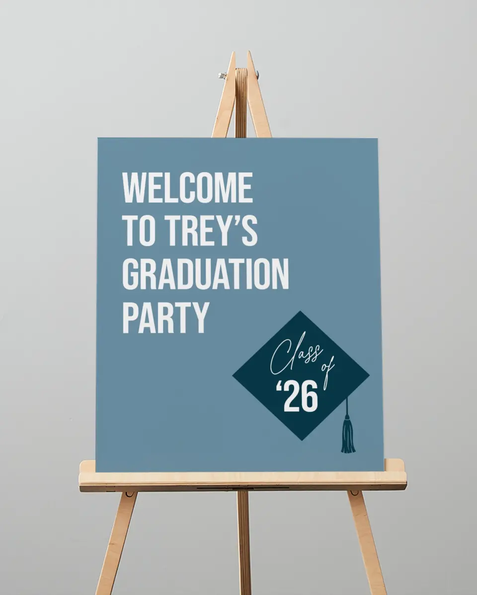 This is a 16" x 20" Welcome Grad Sign called Scholarly Style printed in full color with Silver foil