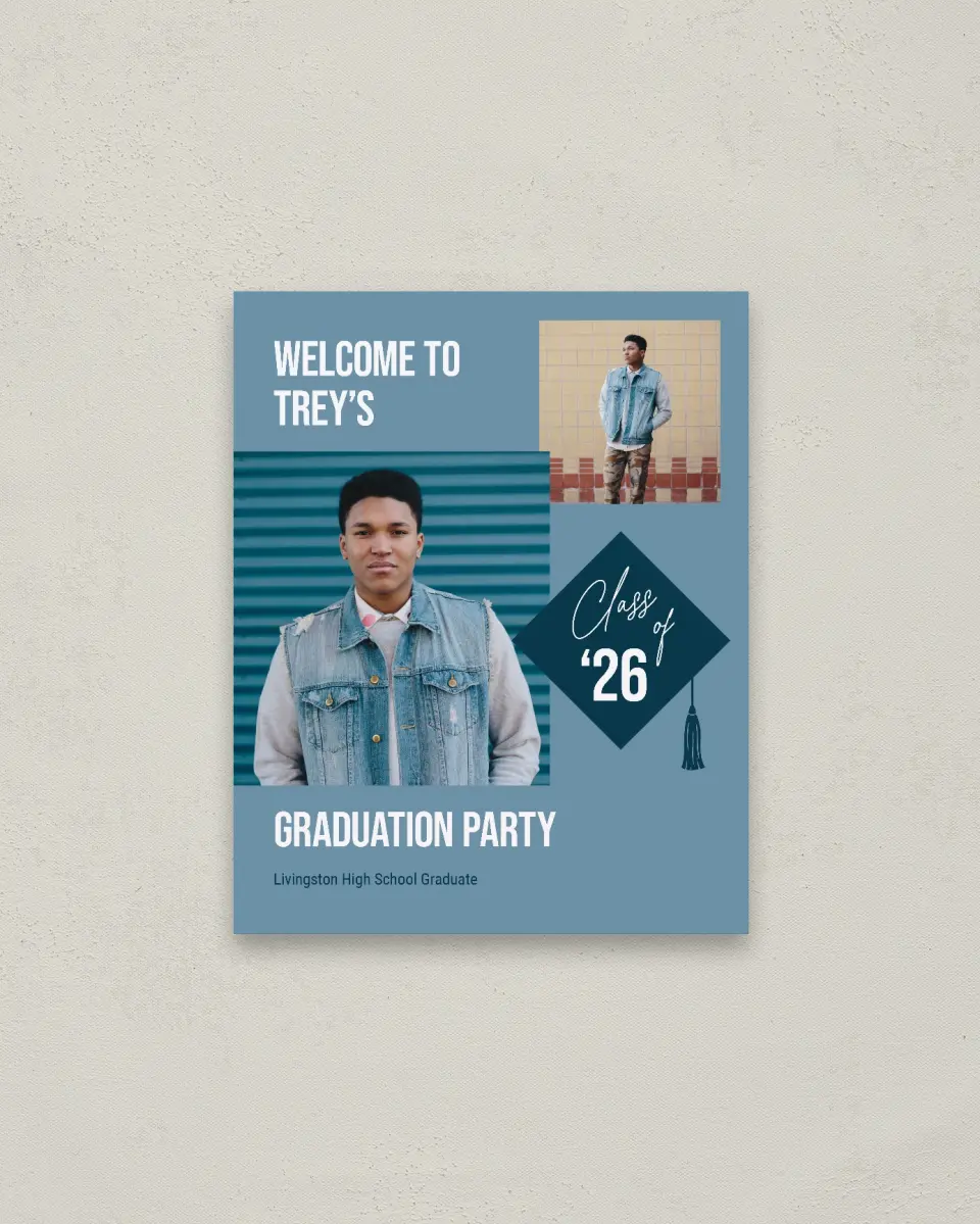 This is a 16" x 20" Welcome Grad Sign called Scholarly Style printed in full color