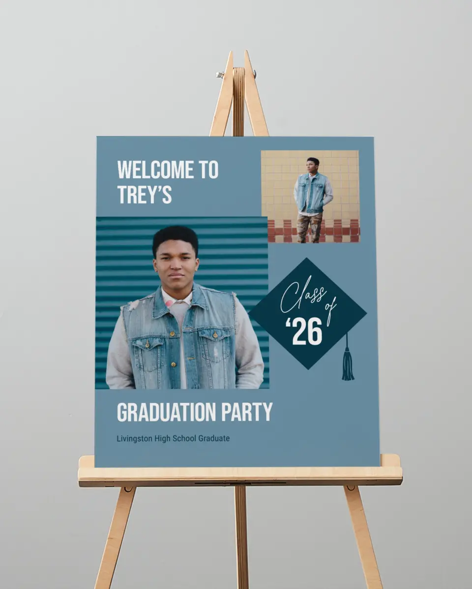This is a 16" x 20" Welcome Grad Sign called Scholarly Style printed in full color