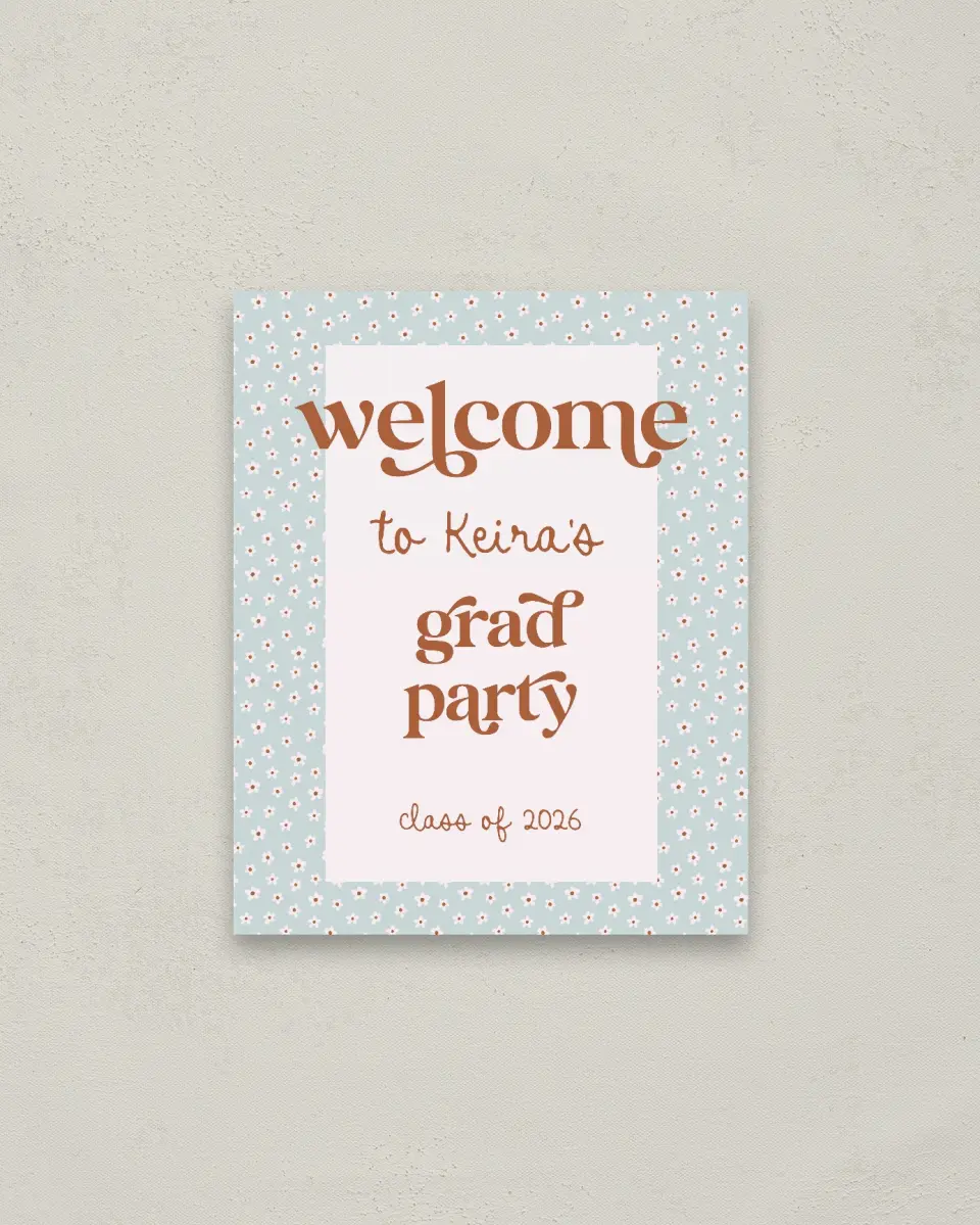 This is a 16" x 20" Welcome Grad Sign called Demure Daisies printed in full color