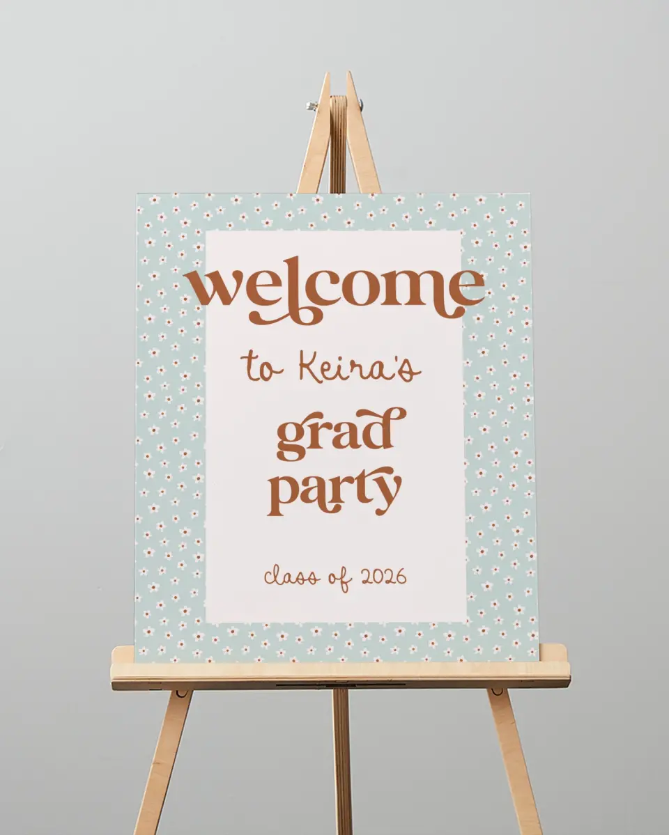 This is a 16" x 20" Welcome Grad Sign called Demure Daisies printed in full color