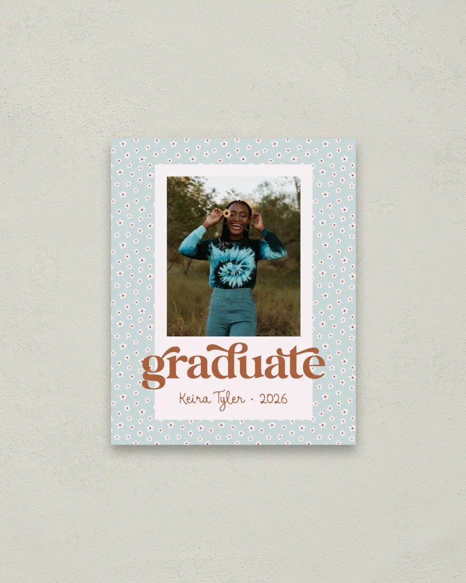 This is a 16" x 20" Welcome Grad Sign called Demure Daisies printed in full color