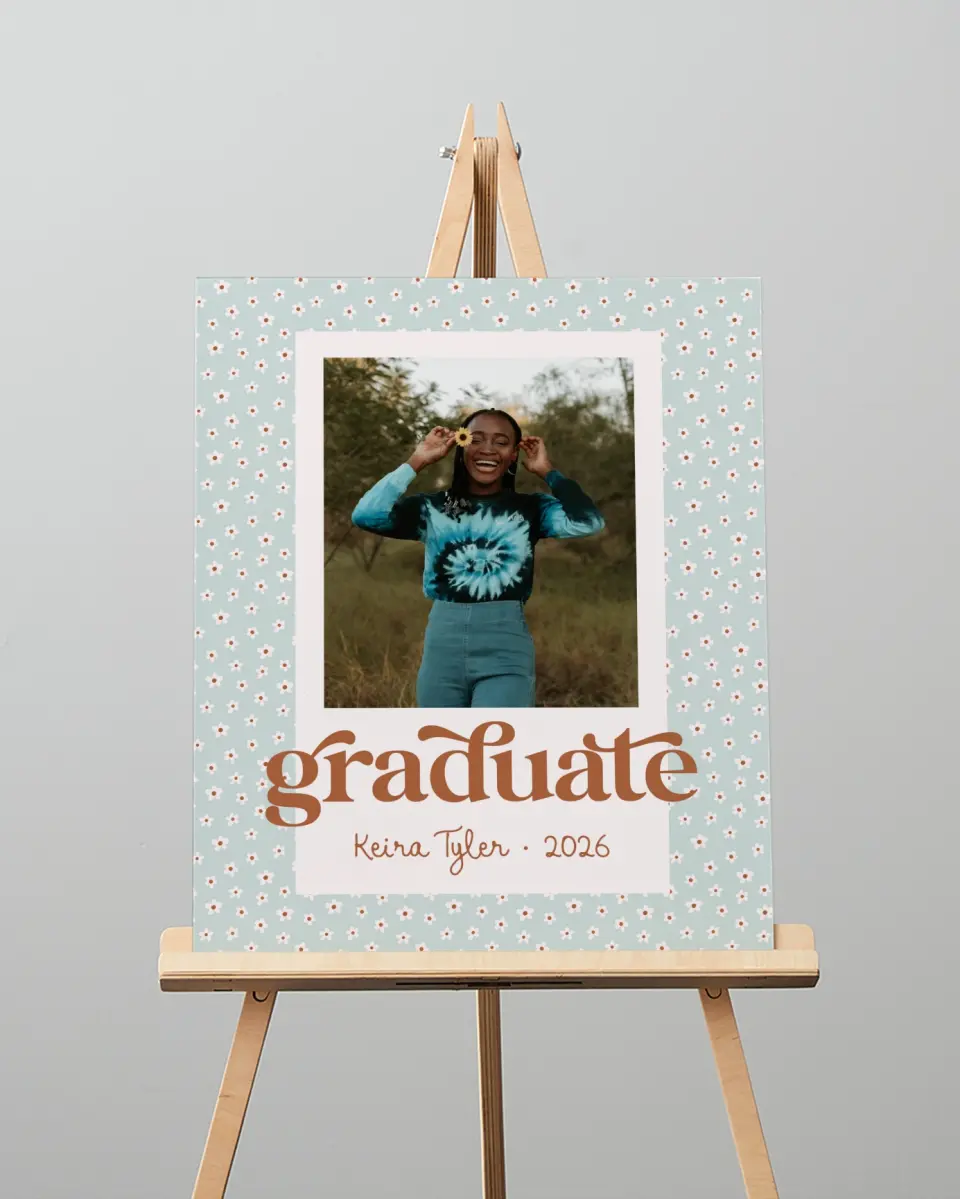 This is a 16" x 20" Welcome Grad Sign called Demure Daisies printed in full color