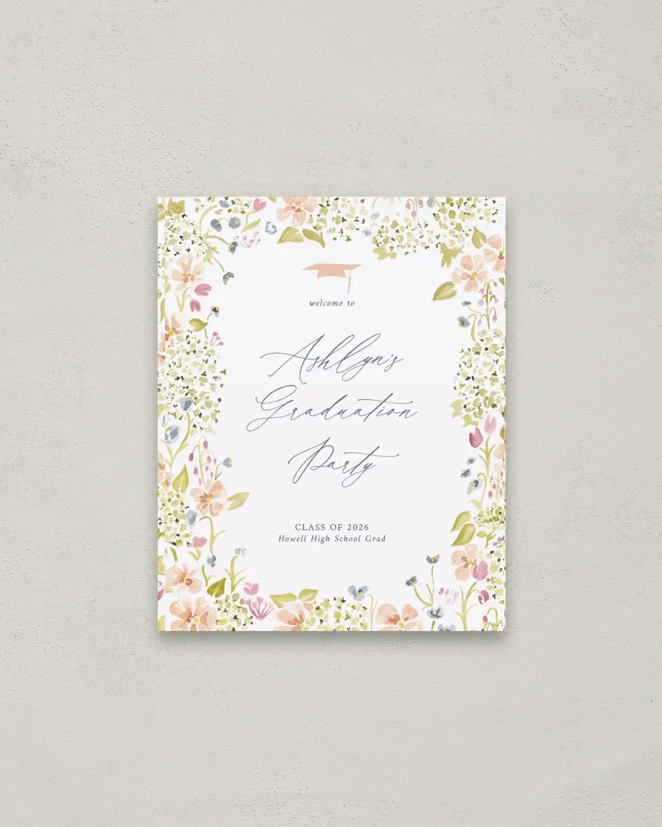 This is a 16" x 20" Welcome Grad Sign called Blooming Bright printed in full color