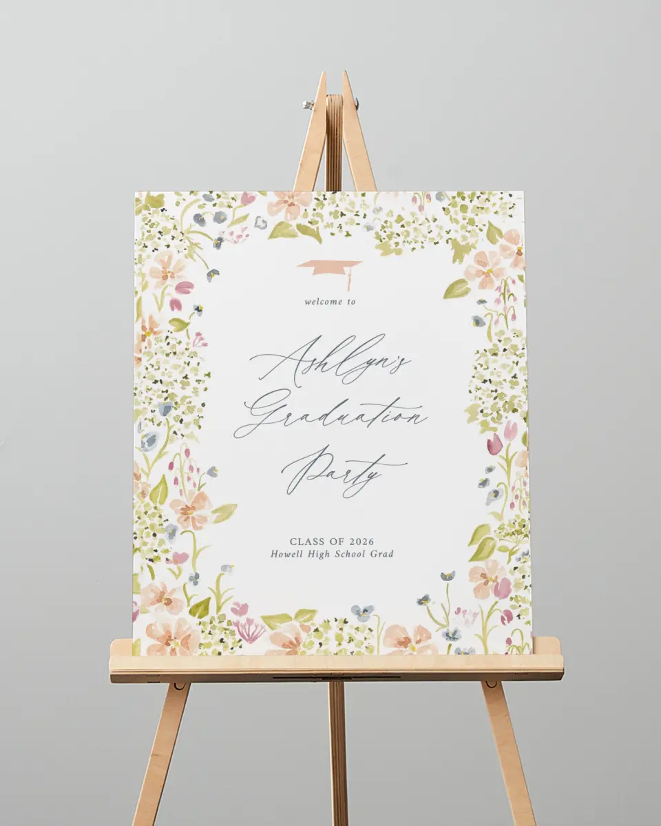This is a 16" x 20" Welcome Grad Sign called Blooming Bright printed in full color