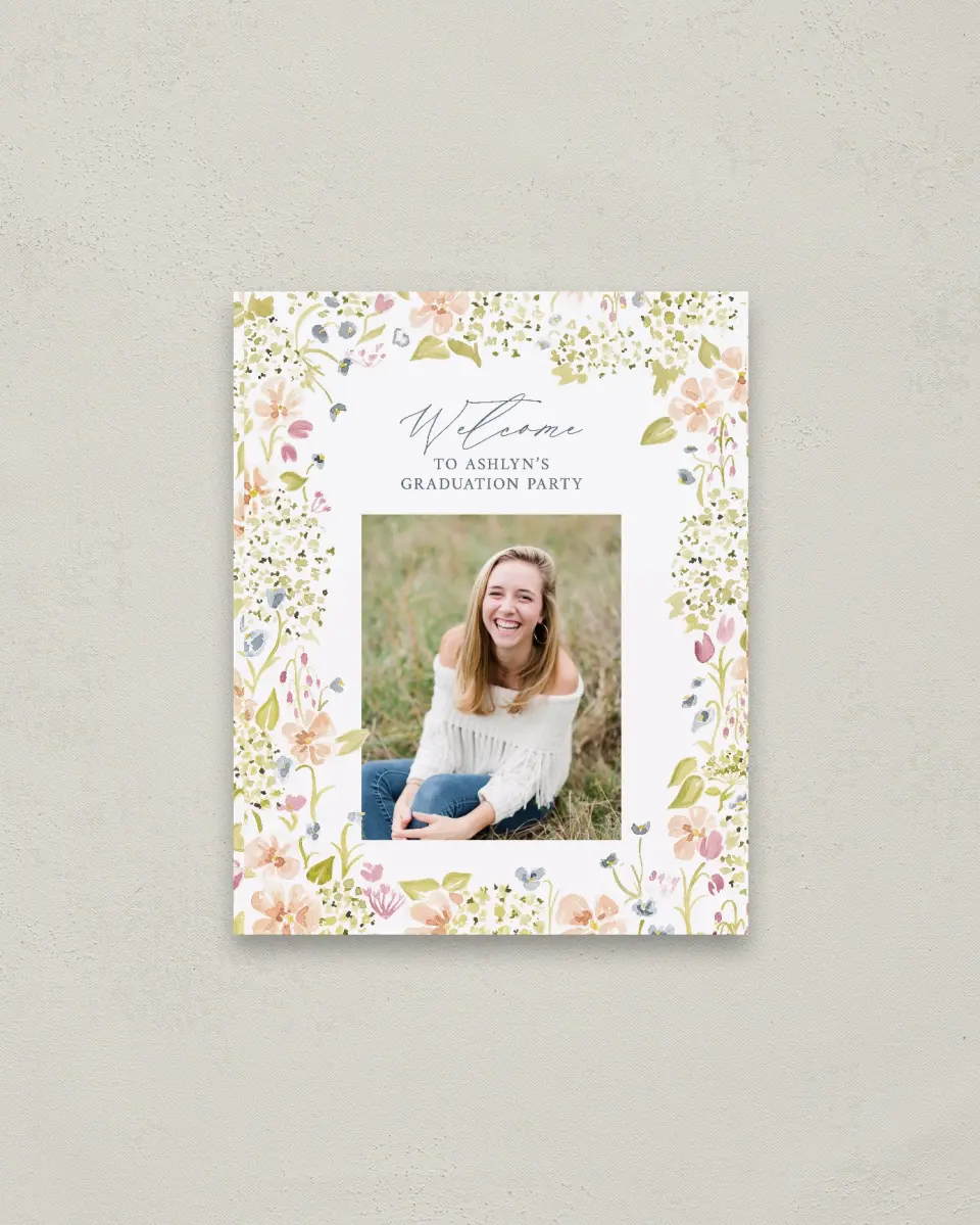 This is a 16" x 20" Welcome Grad Sign called Blooming Bright printed in full color