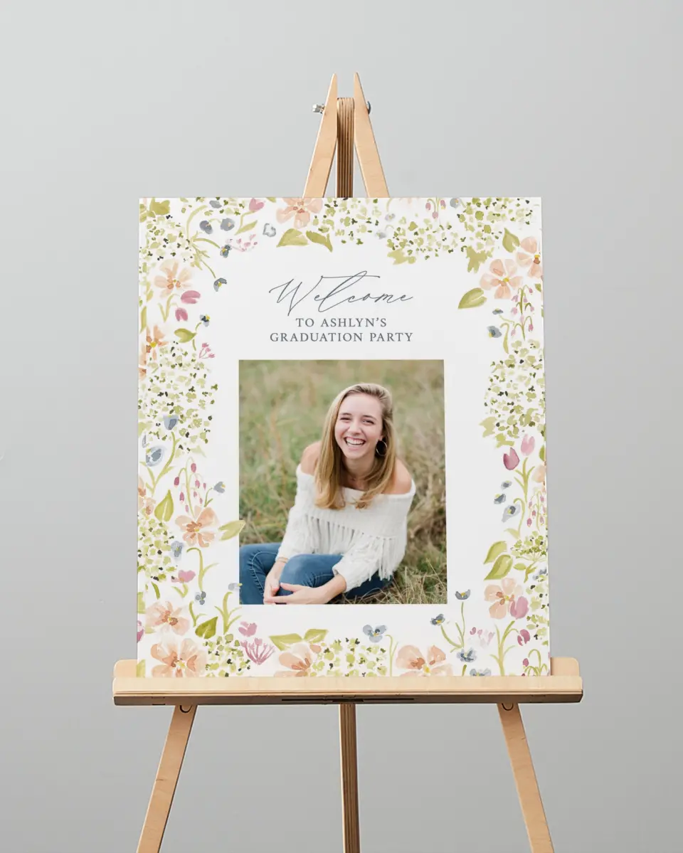 This is a 16" x 20" Welcome Grad Sign called Blooming Bright printed in full color with Silver foil