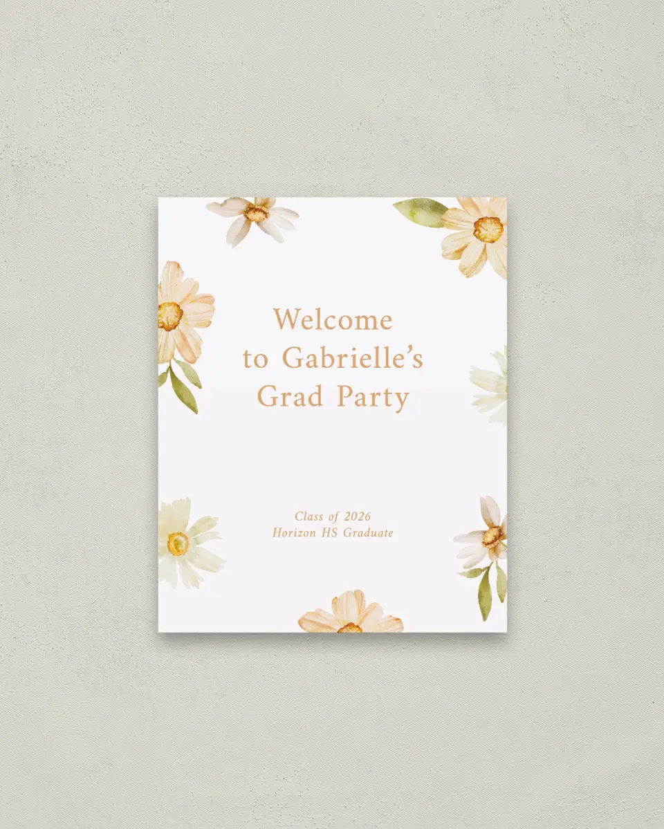 This is a 16" x 20" Welcome Grad Sign called Sunny Blooms printed in full color