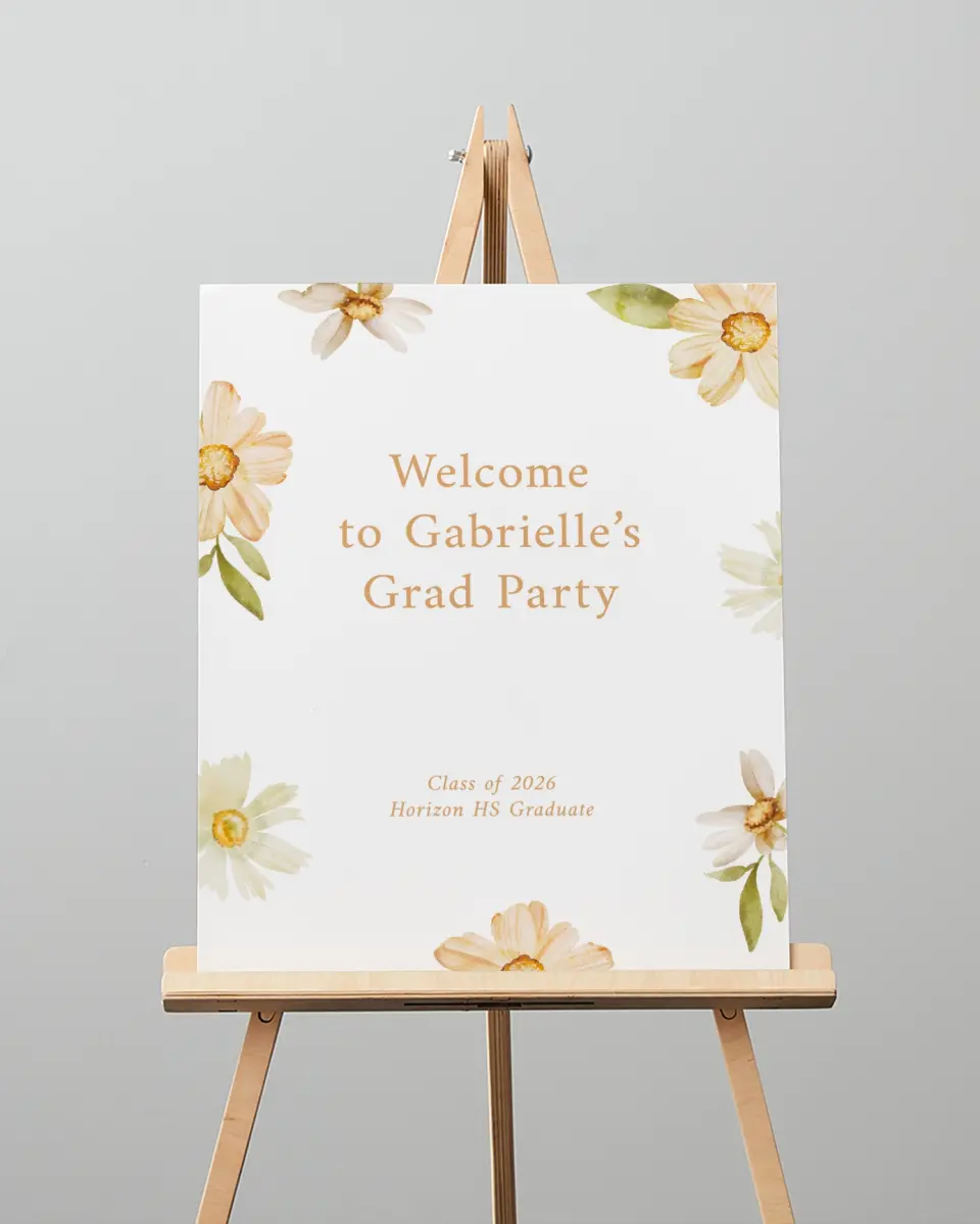 This is a 16" x 20" Welcome Grad Sign called Sunny Blooms printed in full color