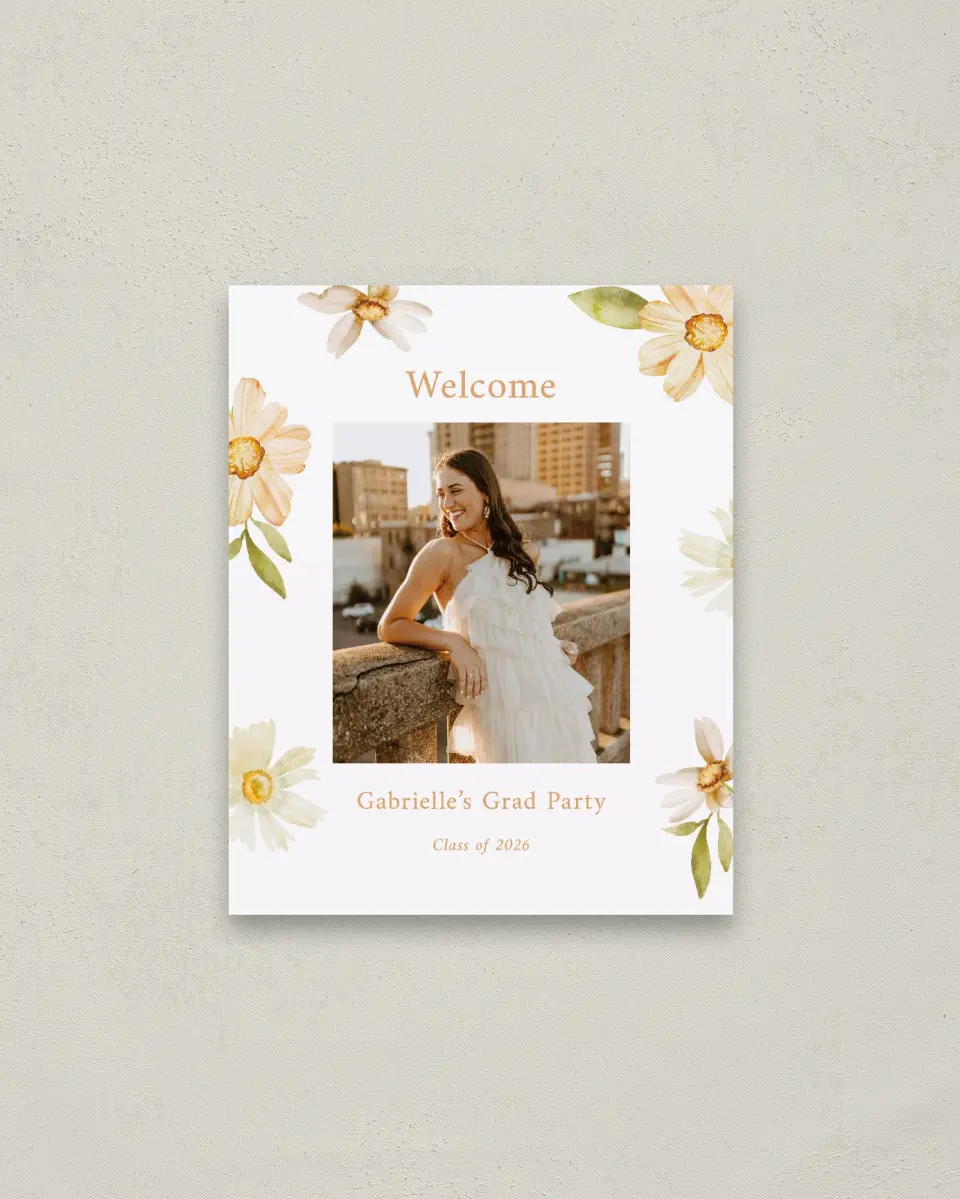 This is a 16" x 20" Welcome Grad Sign called Sunny Blooms printed in full color