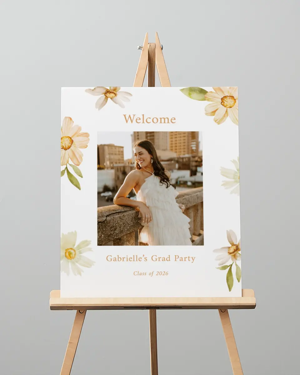 This is a 16" x 20" Welcome Grad Sign called Sunny Blooms printed in full color with Silver foil