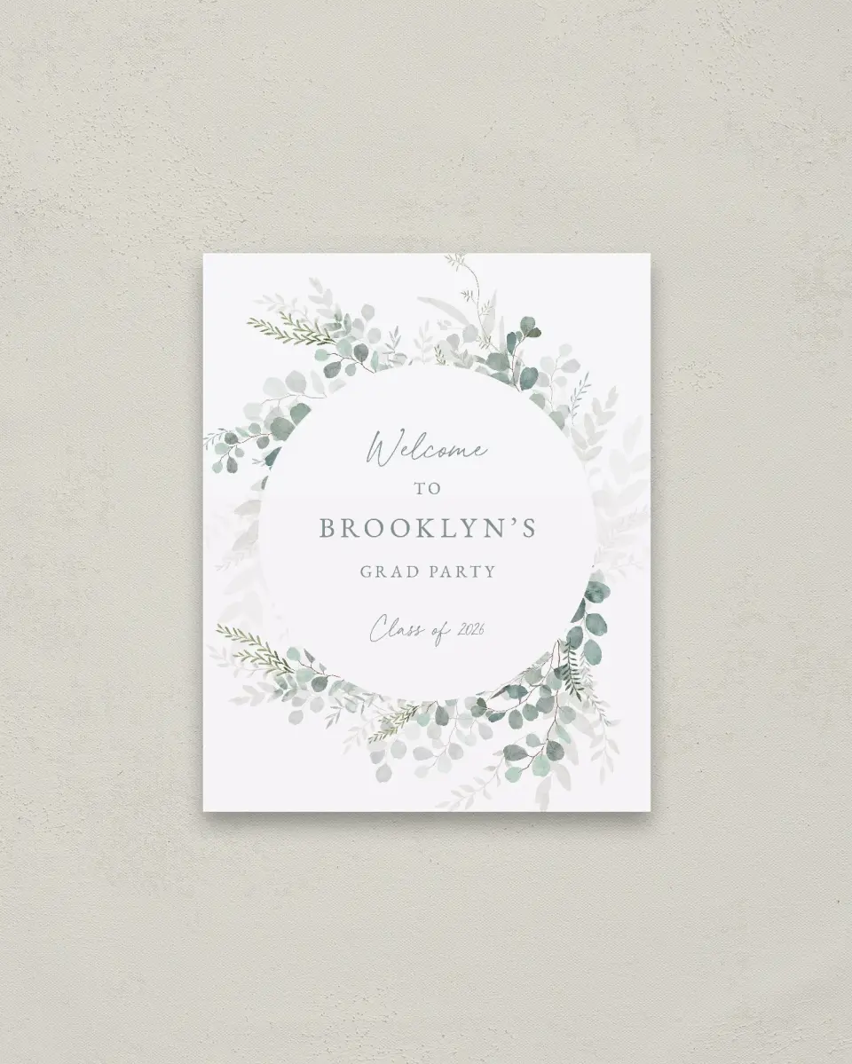 This is a 16" x 20" Welcome Grad Sign called Grad Greenery printed in full color