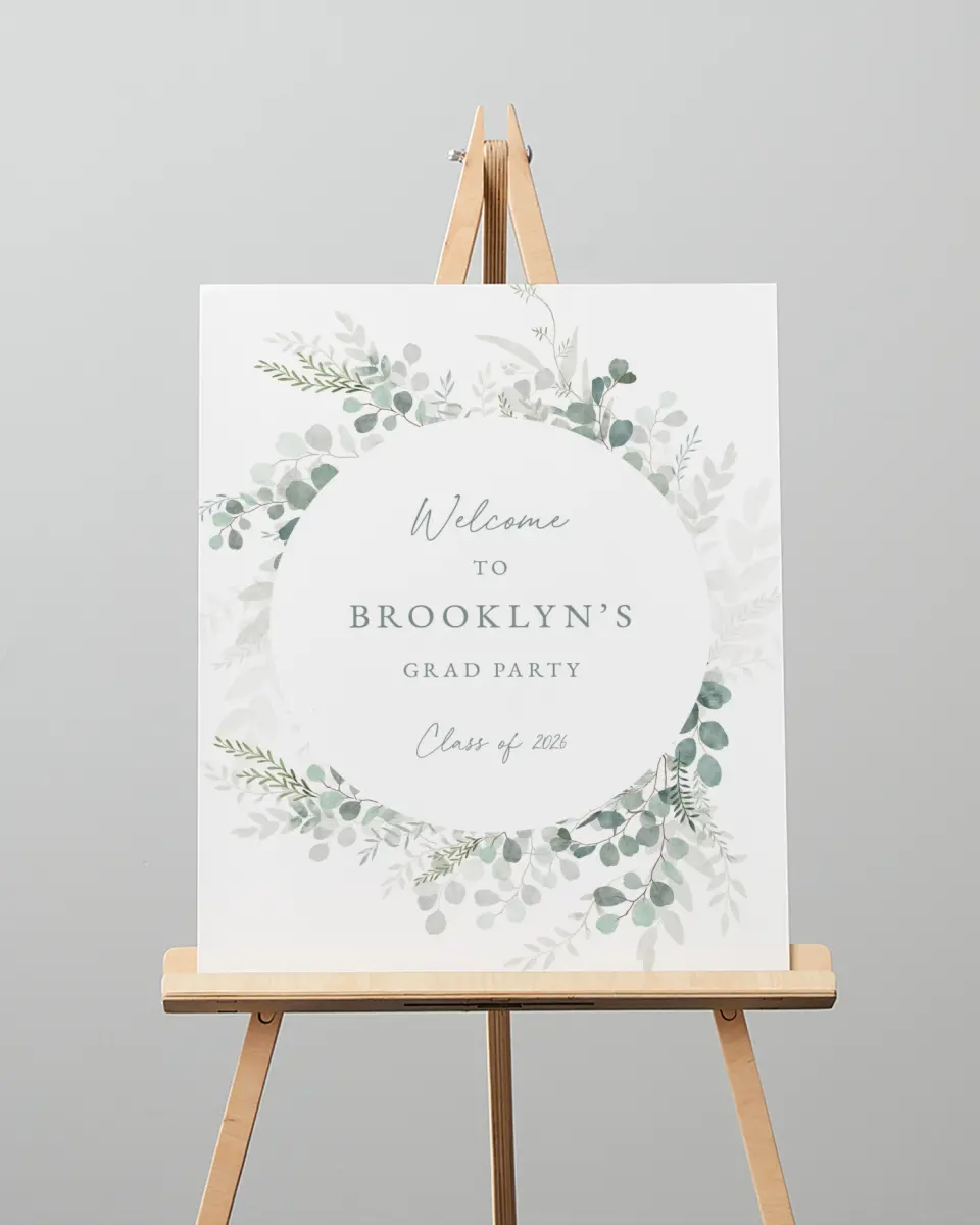 This is a 16" x 20" Welcome Grad Sign called Grad Greenery printed in full color