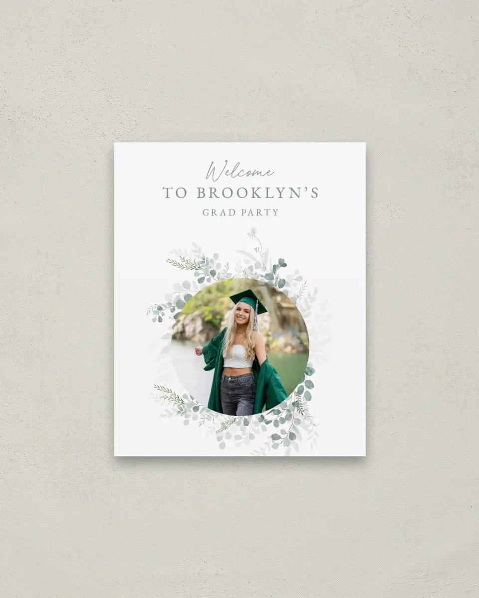 This is a 16" x 20" Welcome Grad Sign called Grad Greenery printed in full color