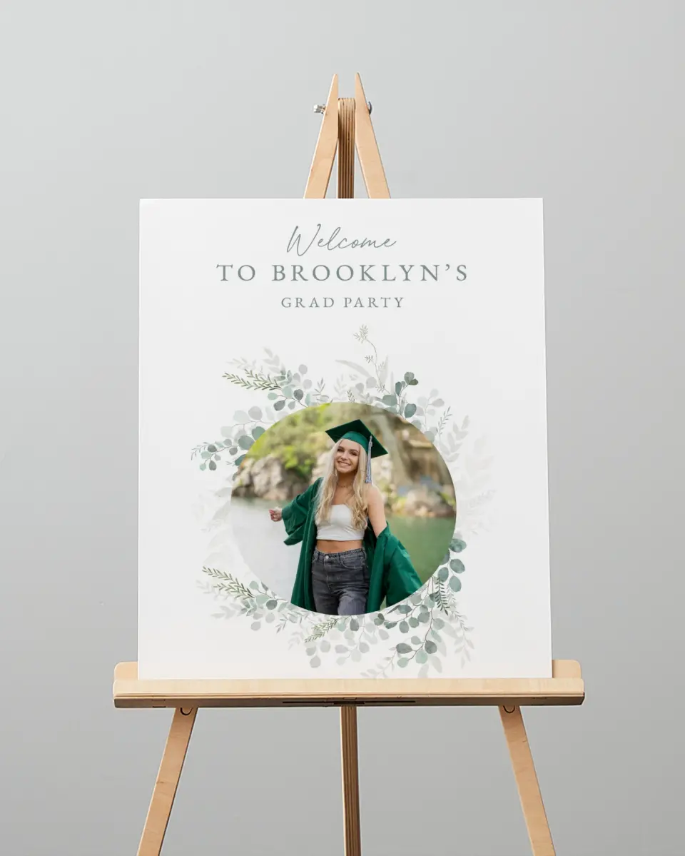 This is a 16" x 20" Welcome Grad Sign called Grad Greenery printed in full color