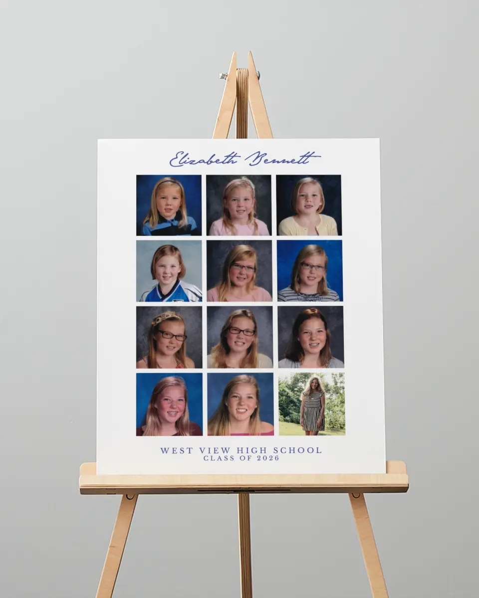 This is a 16" x 20" Welcome Grad Sign called Through The Years printed in full color with Silver foil