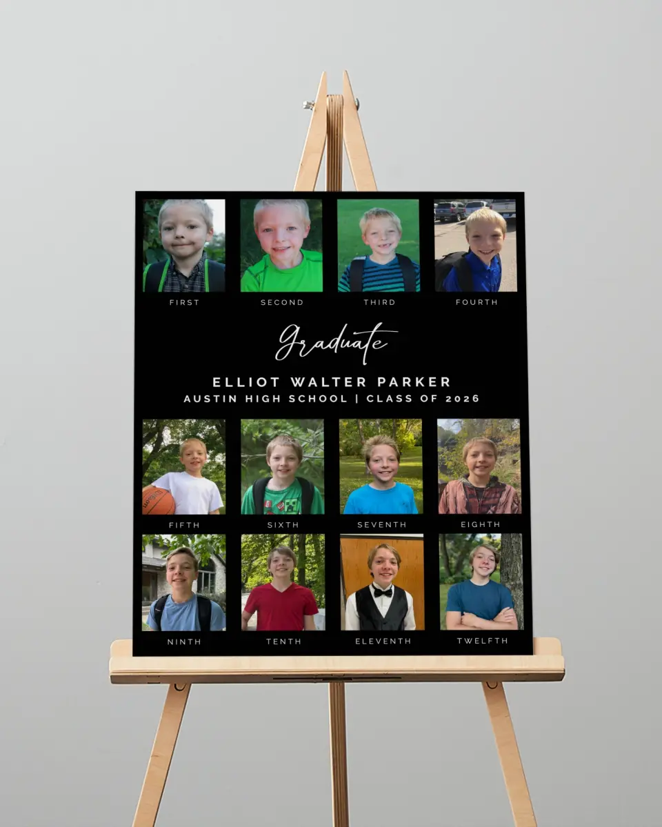 This is a 16" x 20" Welcome Grad Sign called Growing Up printed in full color with Silver foil