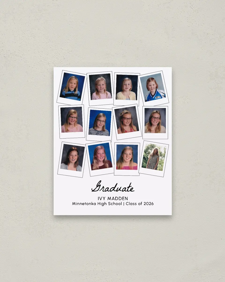 This is a 16" x 20" Welcome Grad Sign called Snapshots of Success printed in full color