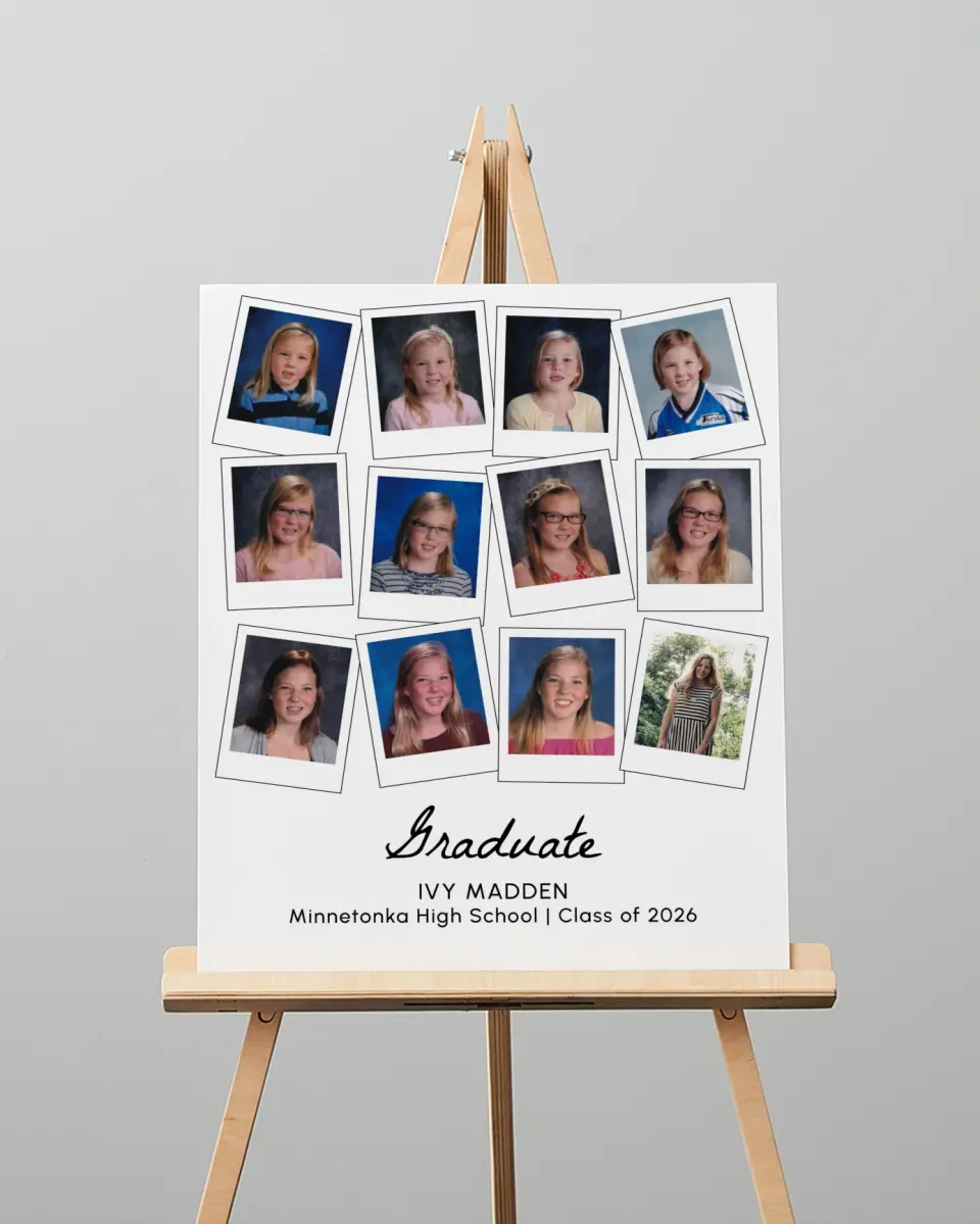This is a 16" x 20" Welcome Grad Sign called Snapshots of Success printed in full color with Silver foil