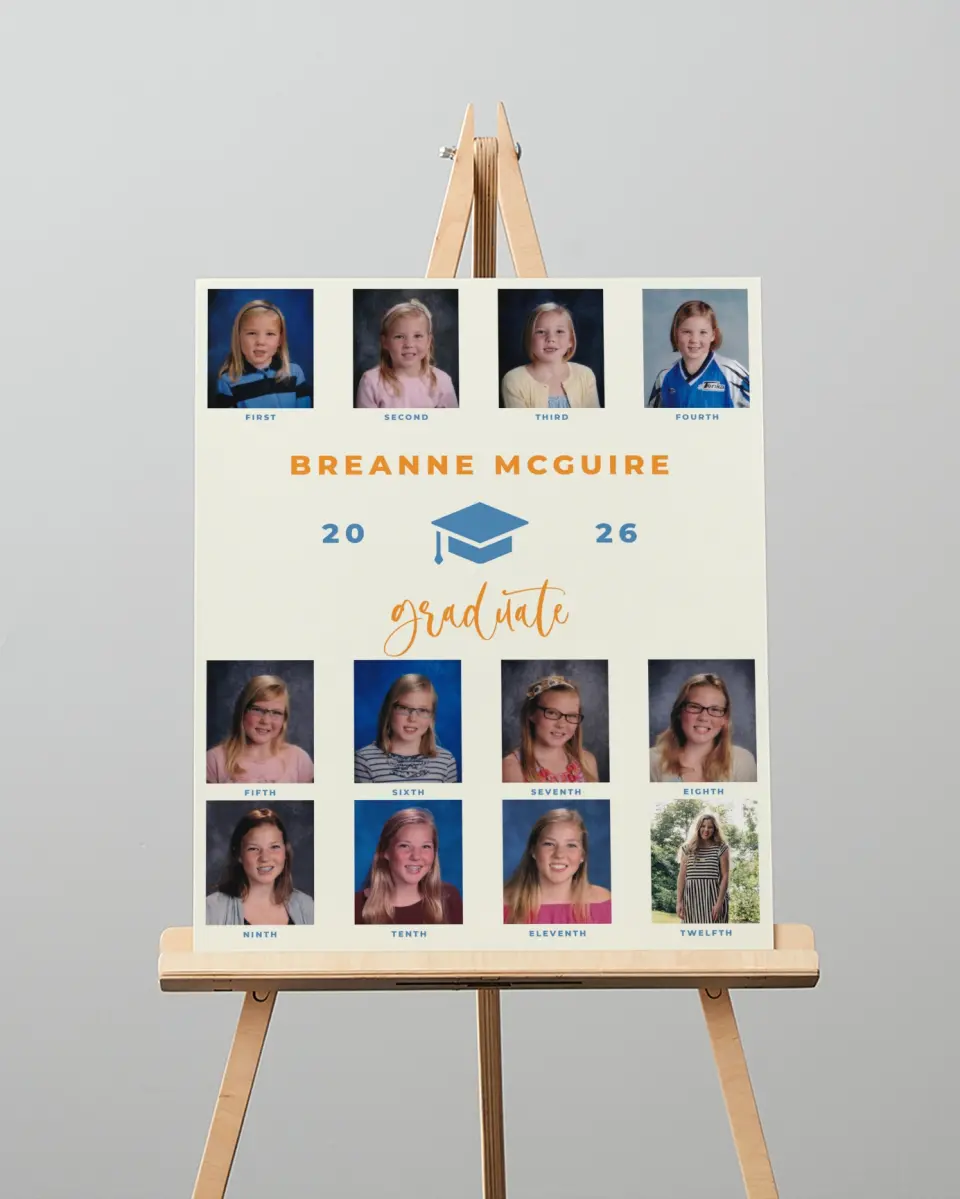 This is a 16" x 20" Welcome Grad Sign called Caps Off to the Grad printed in full color with Silver foil