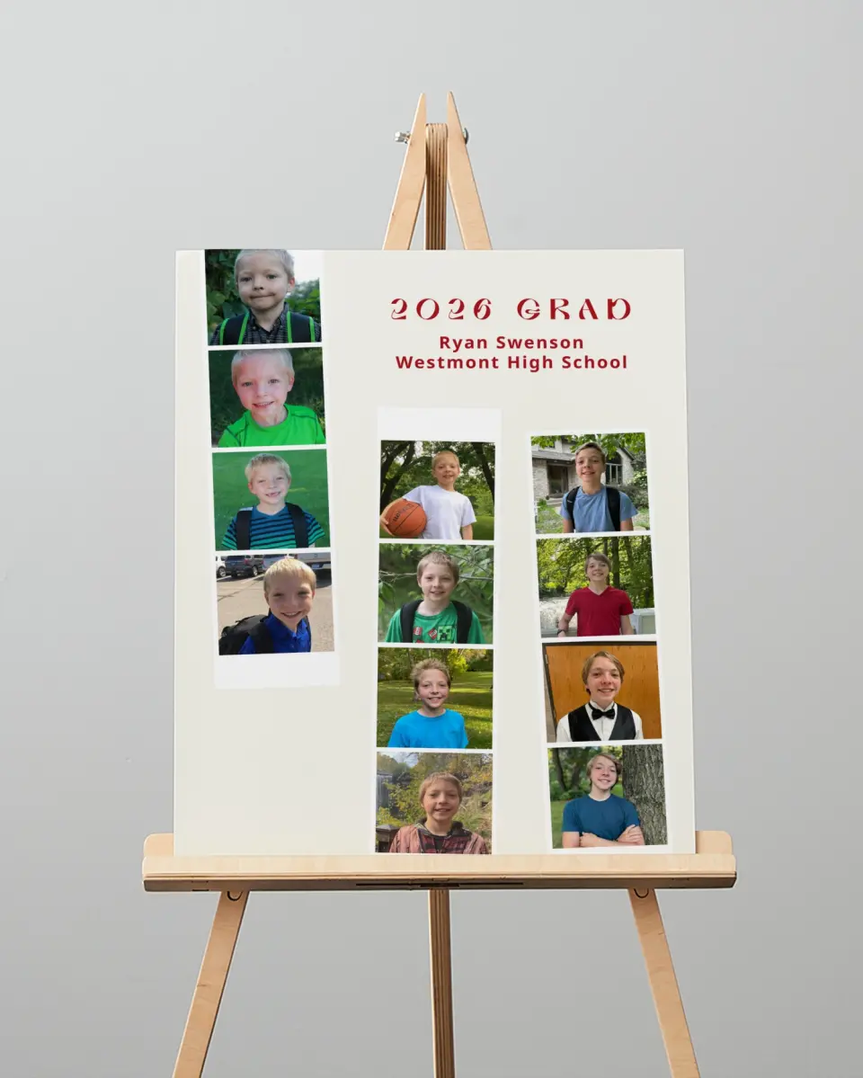 This is a 16" x 20" Welcome Grad Sign called Memory Lane printed in full color with Silver foil